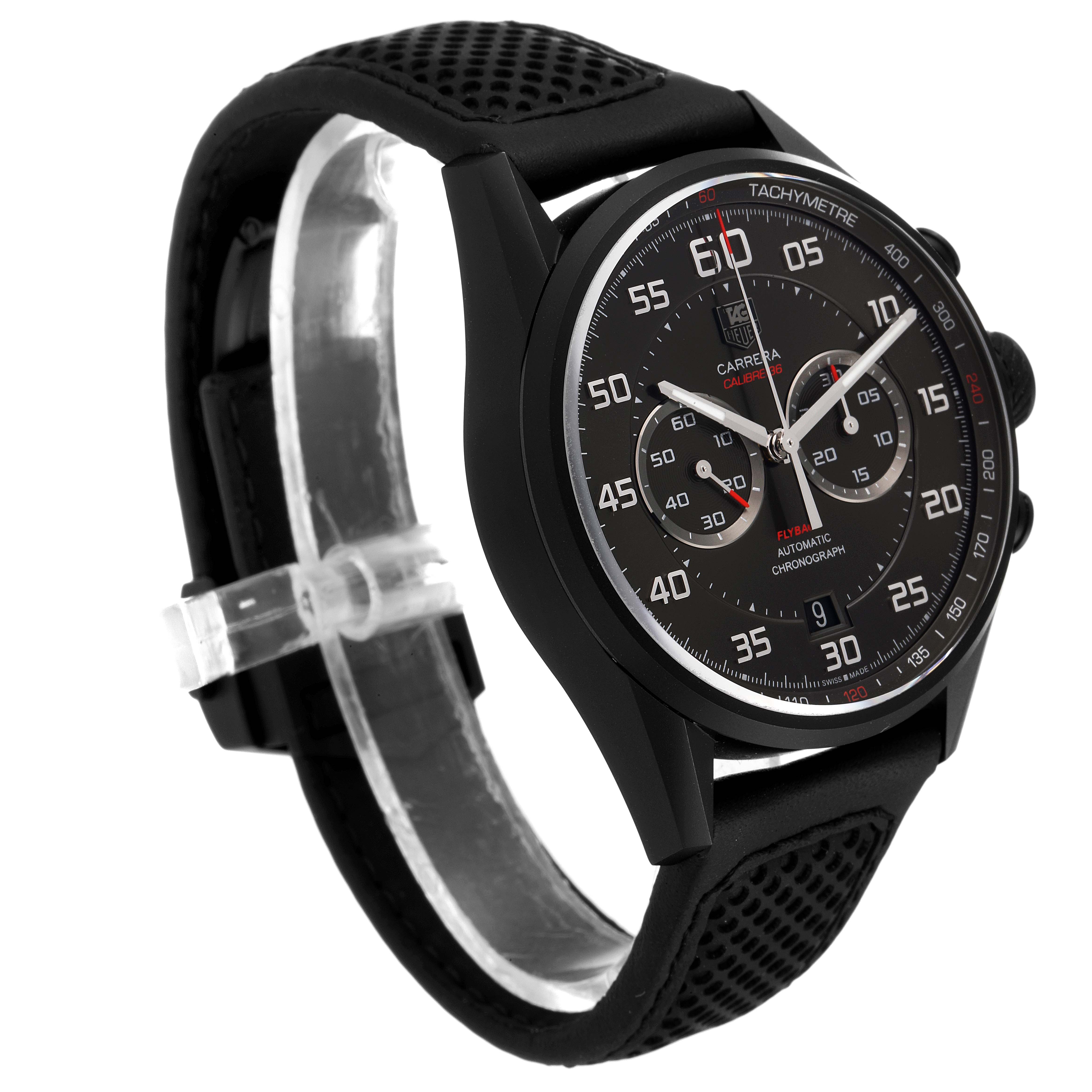 The image shows a Tag Heuer Carrera CAR2B80.FC6325 Men's Titanium Black Dial CAR2B80.FC6325 Men's Titanium Black Dial watch angled from the front-left side, displaying its watch face, bezel, and strap.