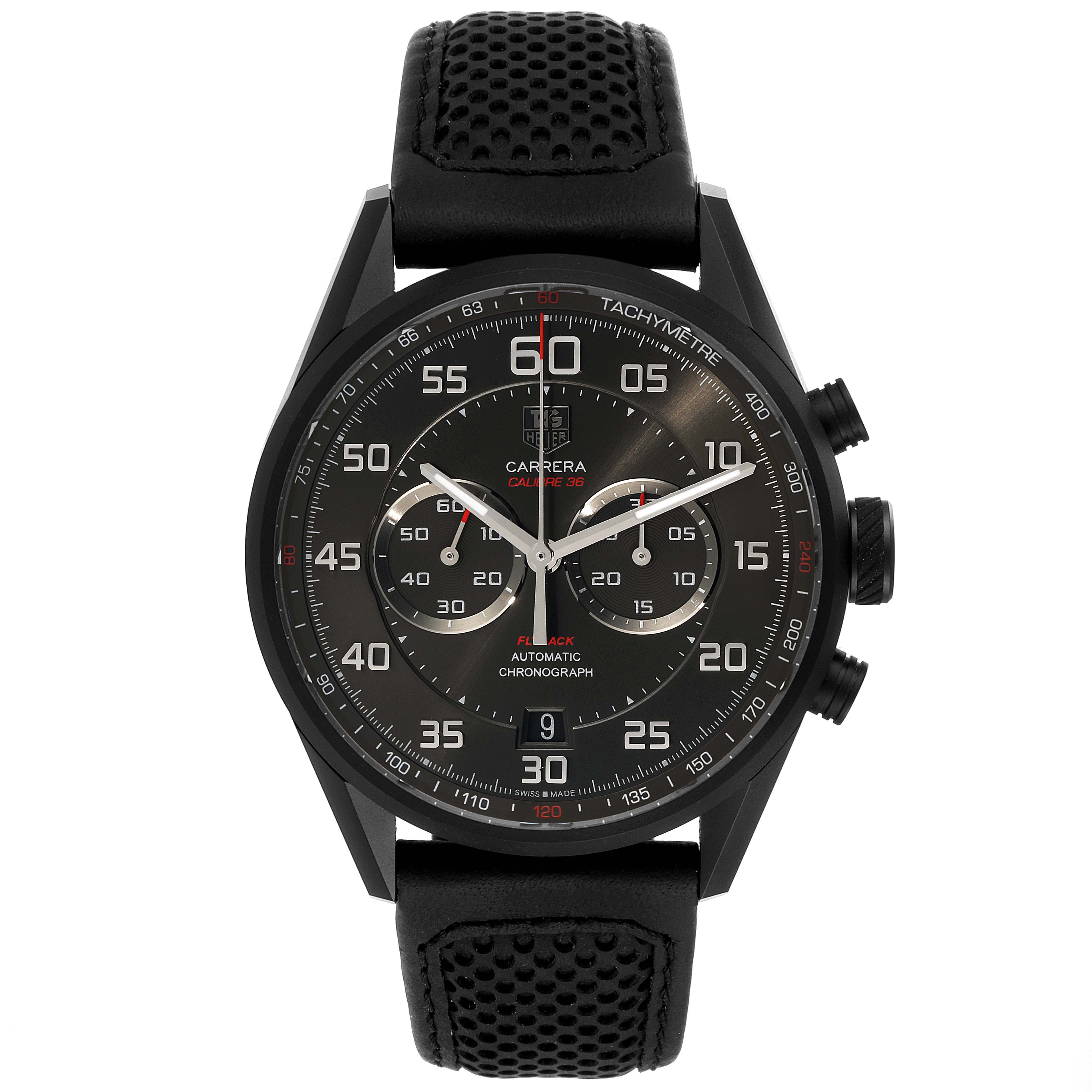 The Tag Heuer Carrera CAR2B80.FC6325 Men's Titanium Black Dial CAR2B80.FC6325 Men's Titanium Black Dial watch is shown head-on, displaying the black dial, chronograph subdials, tachymeter, and perforated black leather strap.