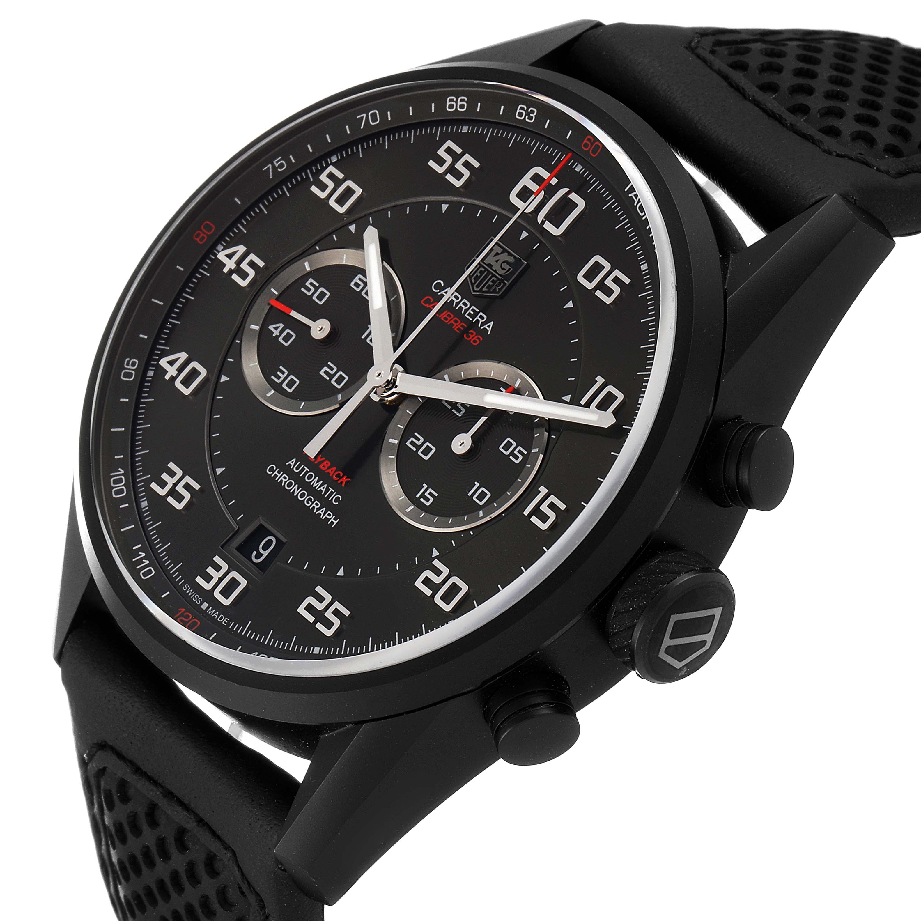This Tag Heuer Carrera CAR2B80.FC6325 Men's Titanium Black Dial CAR2B80.FC6325 Men's Titanium Black Dial watch is shown at an angle highlighting the face, subdials, crown, and two pushers.
