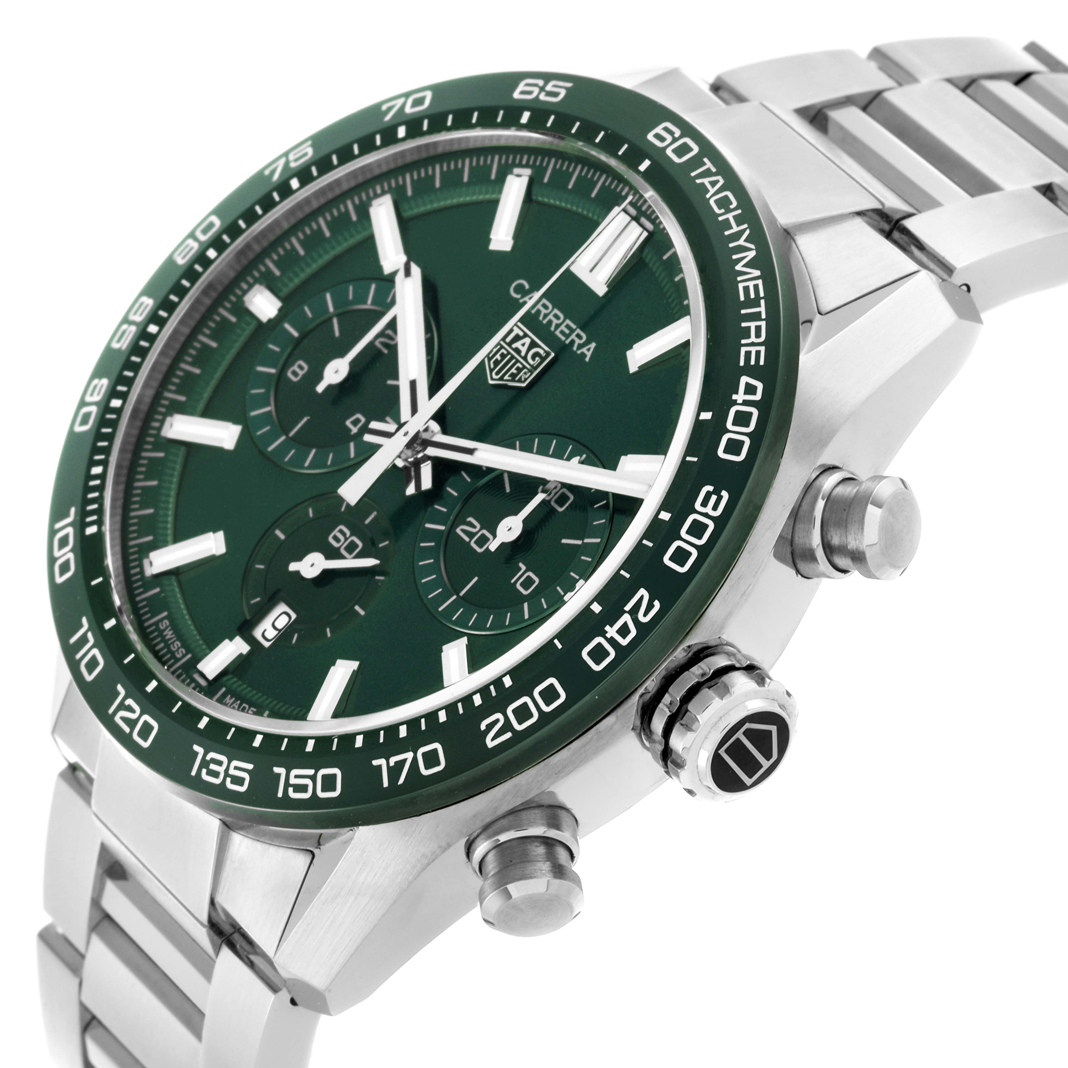 The Tag Heuer Carrera CBN2A1N.BA0643 Men's Stainless Steel Green Dial CBN2A1N.BA0643 Men's Stainless Steel Green Dial watch is shown at a side angle, featuring the dial, bezel, pushers, and part of the bracelet.