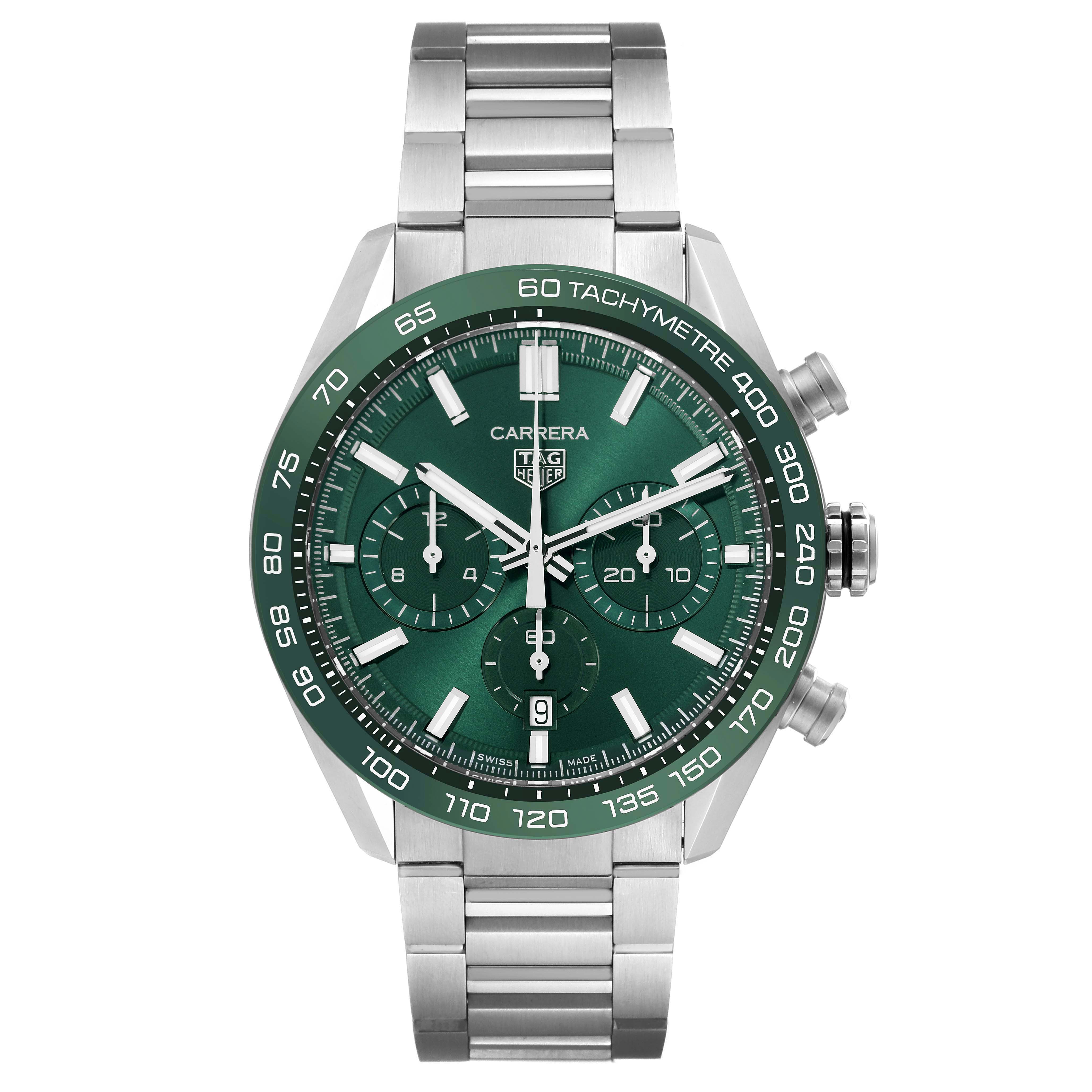 The Tag Heuer Carrera CBN2A1N.BA0643 Men's Stainless Steel Green Dial CBN2A1N.BA0643 Men's Stainless Steel Green Dial watch is shown from the front, featuring its green dial and steel bracelet.