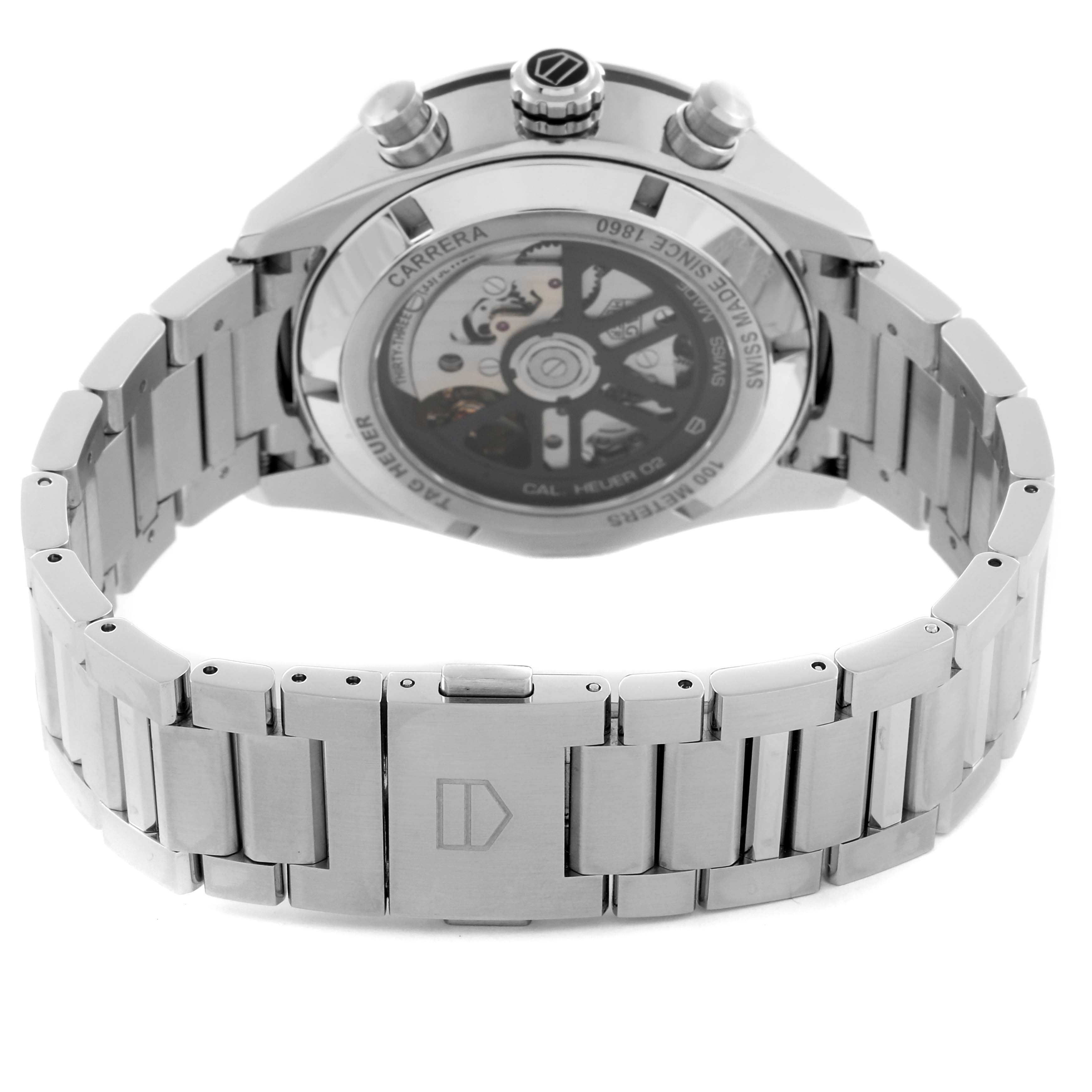 The image shows the back view of a Tag Heuer Carrera CBN2A1N.BA0643 Men's Stainless Steel Green Dial CBN2A1N.BA0643 Men's Stainless Steel Green Dial watch, displaying its case back and stainless steel bracelet.