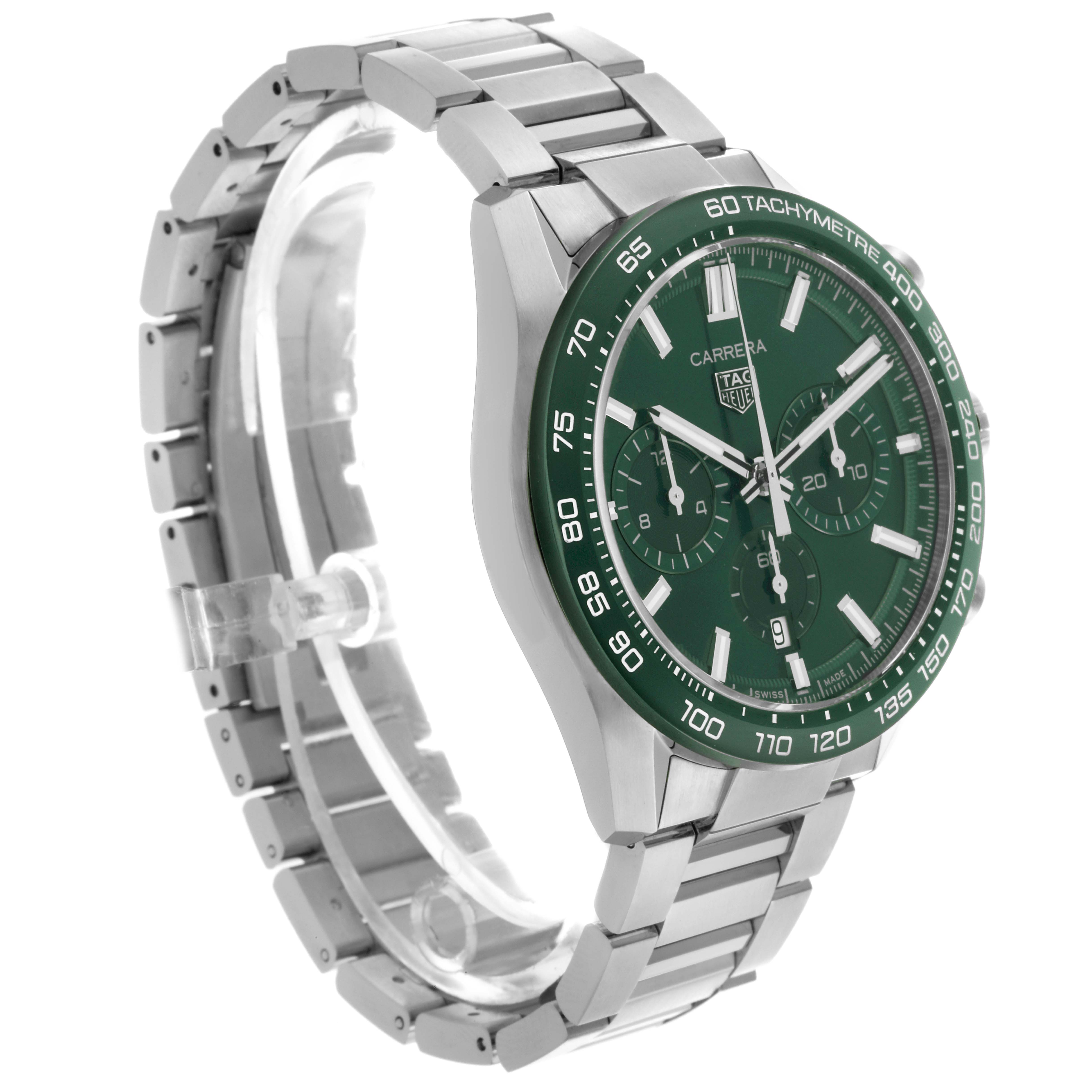 The Tag Heuer Carrera CBN2A1N.BA0643 Men's Stainless Steel Green Dial CBN2A1N.BA0643 Men's Stainless Steel Green Dial model is shown at a three-quarter angle, displaying the face, bezel, and stainless steel bracelet.