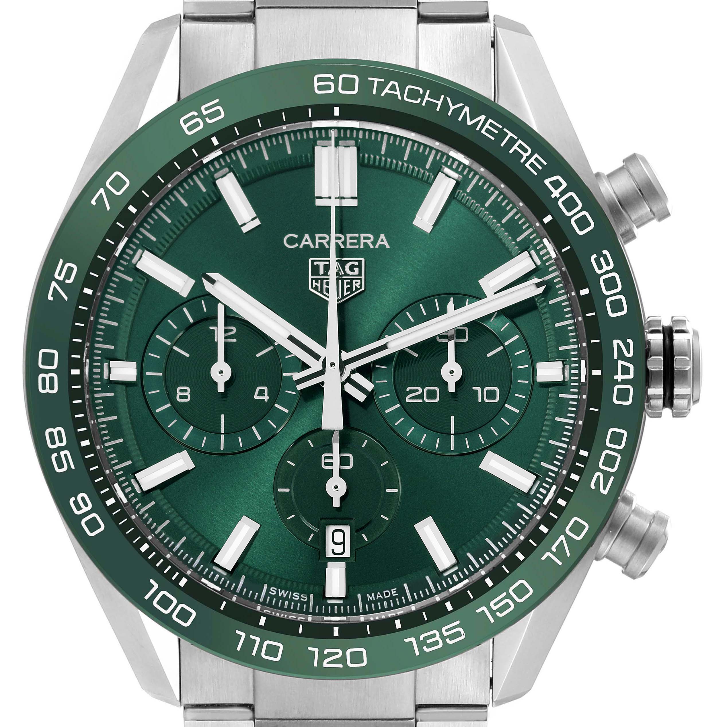 The Tag Heuer Carrera CBN2A1N.BA0643 Men's Stainless Steel Green Dial CBN2A1N.BA0643 Men's Stainless Steel Green Dial watch is shown from a frontal angle, highlighting its green dial, chronograph subdials, and tachymetre scale.