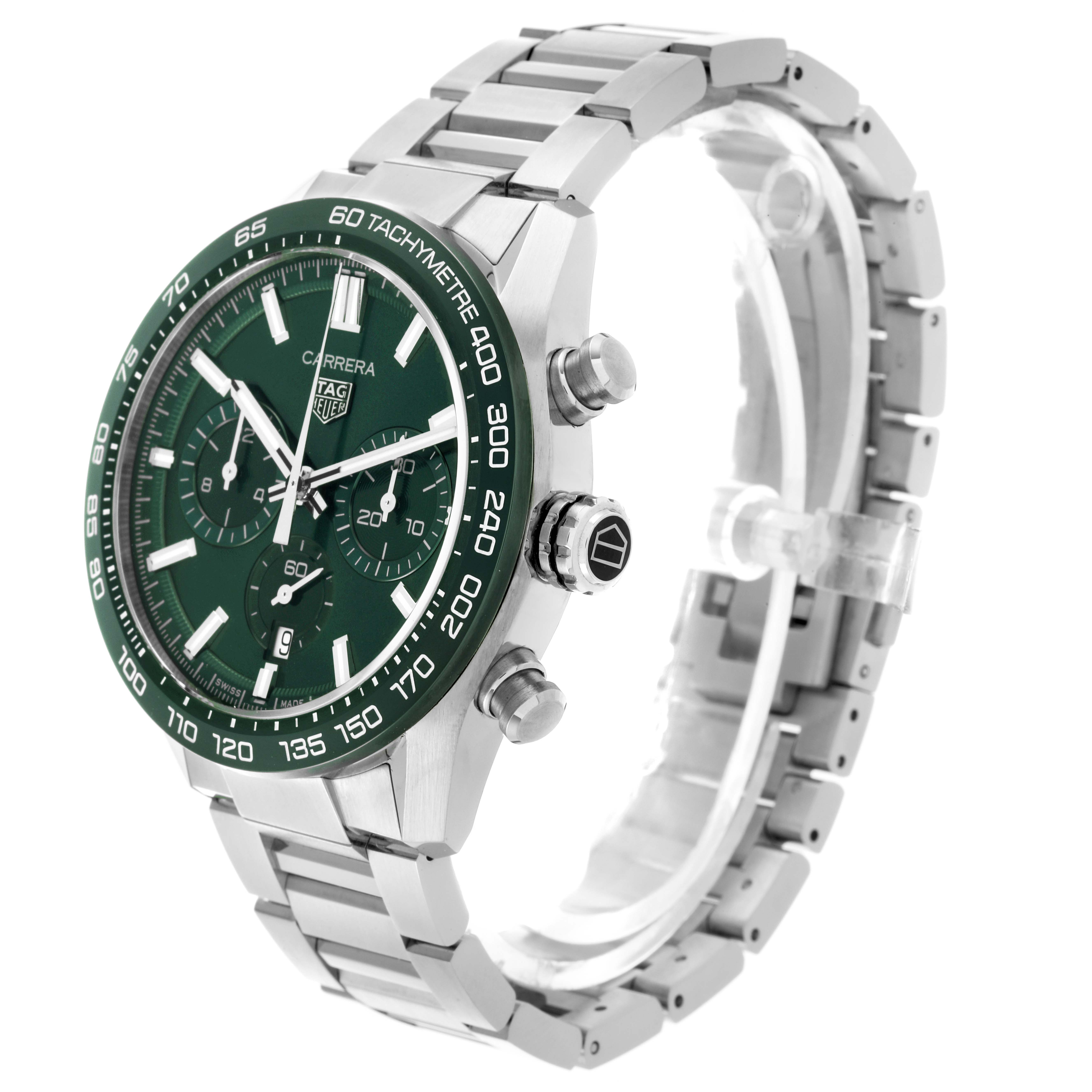 The Tag Heuer Carrera CBN2A1N.BA0643 Men's Stainless Steel Green Dial CBN2A1N.BA0643 Men's Stainless Steel Green Dial watch is shown at a slight angle displaying its face, bezel, and part of the bracelet.