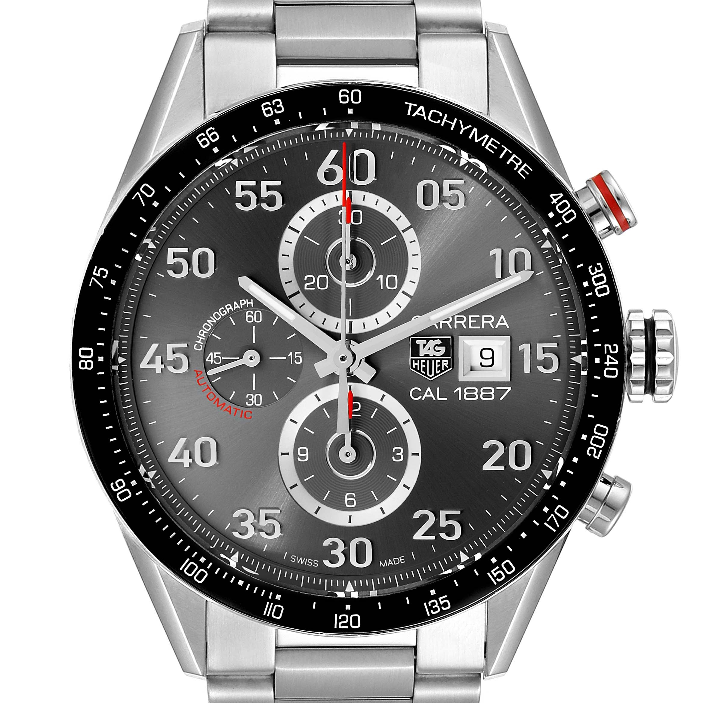 The image shows a front view of the Tag Heuer Carrera CAR2A11.BA0799 Men's Stainless Steel Grey Dial CAR2A11.BA0799 Men's Stainless Steel Grey Dial model watch, highlighting its face, chronograph dials, and tachymeter bezel.