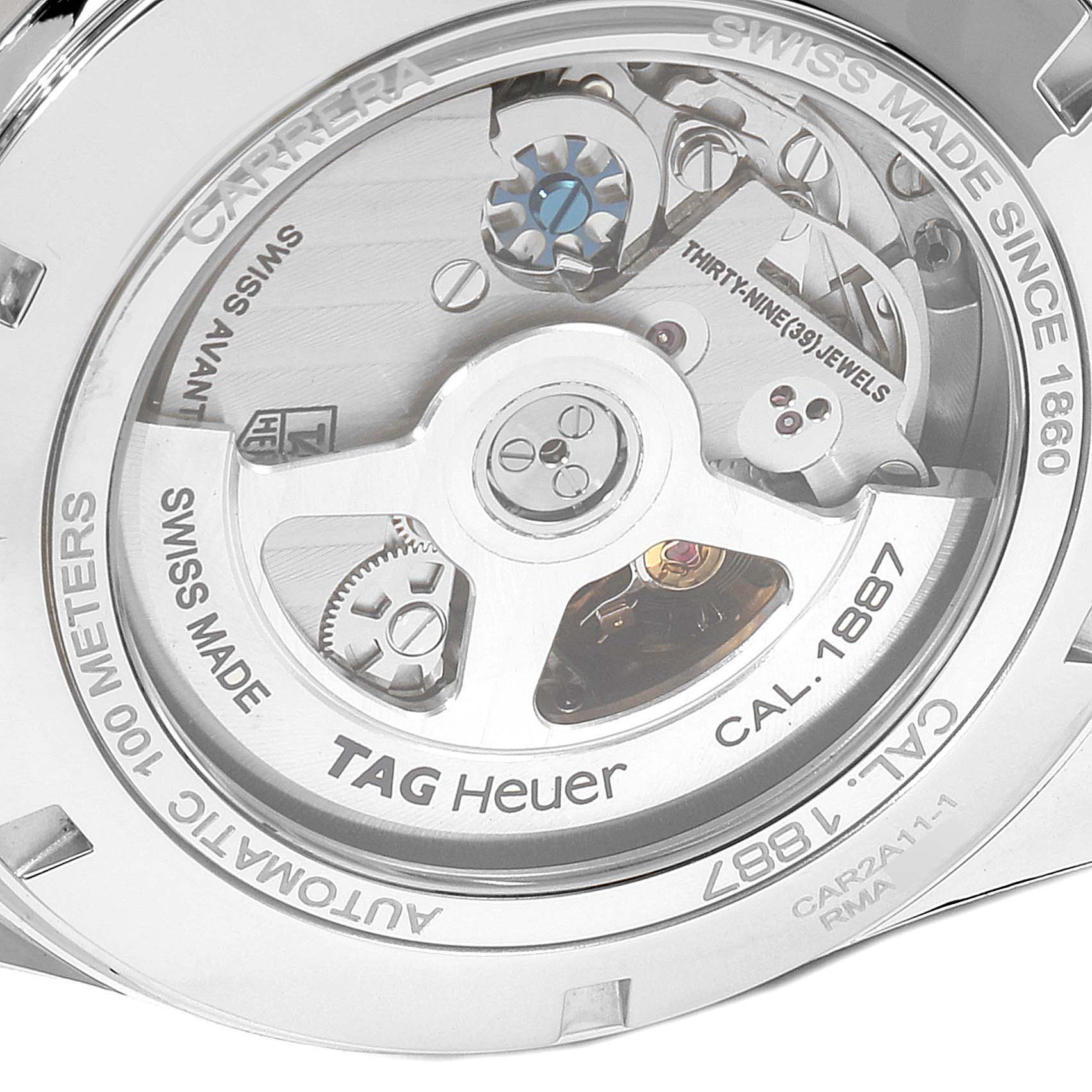 This close-up image shows the movement and internal mechanical parts of a Tag Heuer Carrera CAR2A11.BA0799 Men's Stainless Steel Grey Dial CAR2A11.BA0799 Men's Stainless Steel Grey Dial model watch.