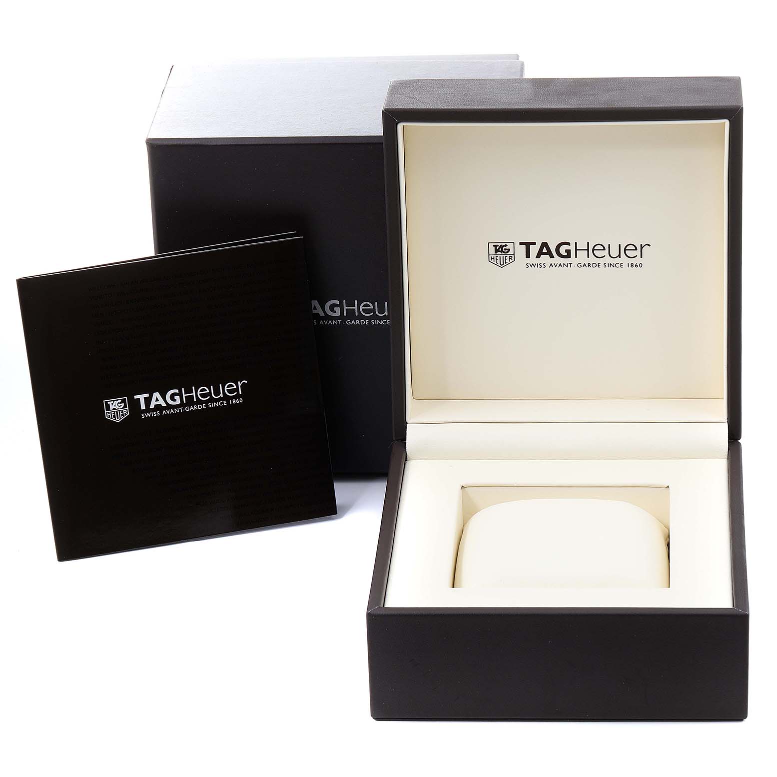 The image shows the packaging for the Tag Heuer Carrera CAR2A11.BA0799 Men's Stainless Steel Grey Dial CAR2A11.BA0799 Men's Stainless Steel Grey Dial model watch, including its open box and accompanying booklet.