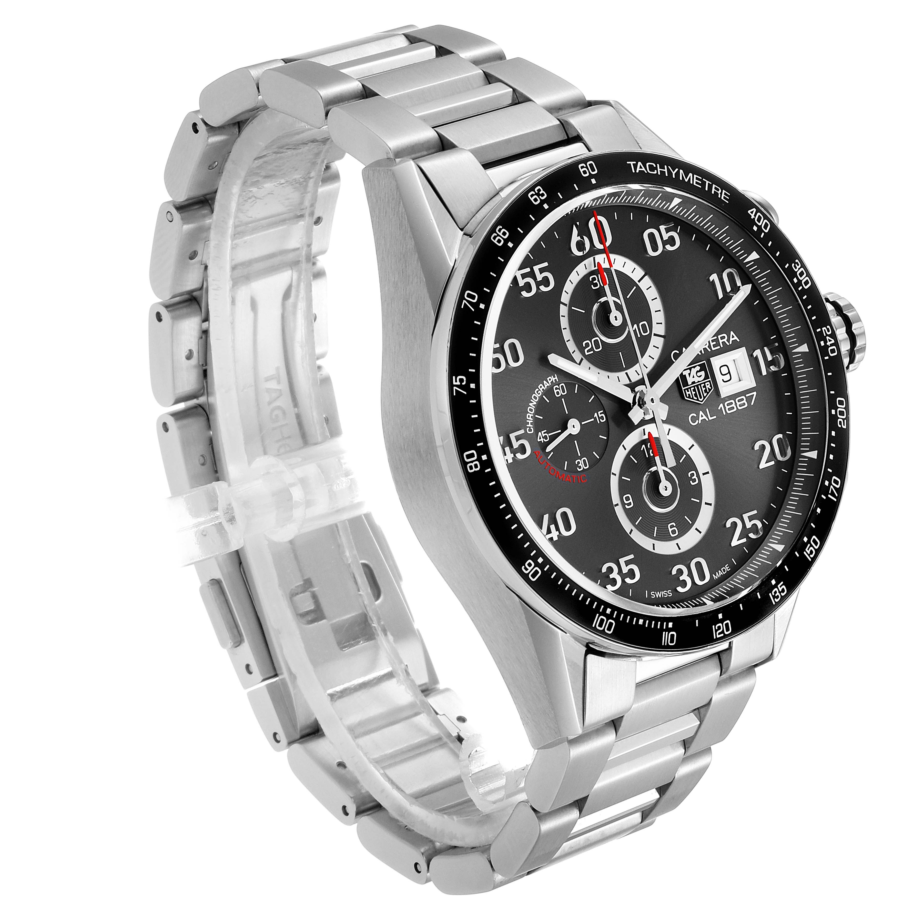 The image shows a side view of the Tag Heuer Carrera CAR2A11.BA0799 Men's Stainless Steel Grey Dial CAR2A11.BA0799 Men's Stainless Steel Grey Dial watch, highlighting the dial, bezel, and metal bracelet.