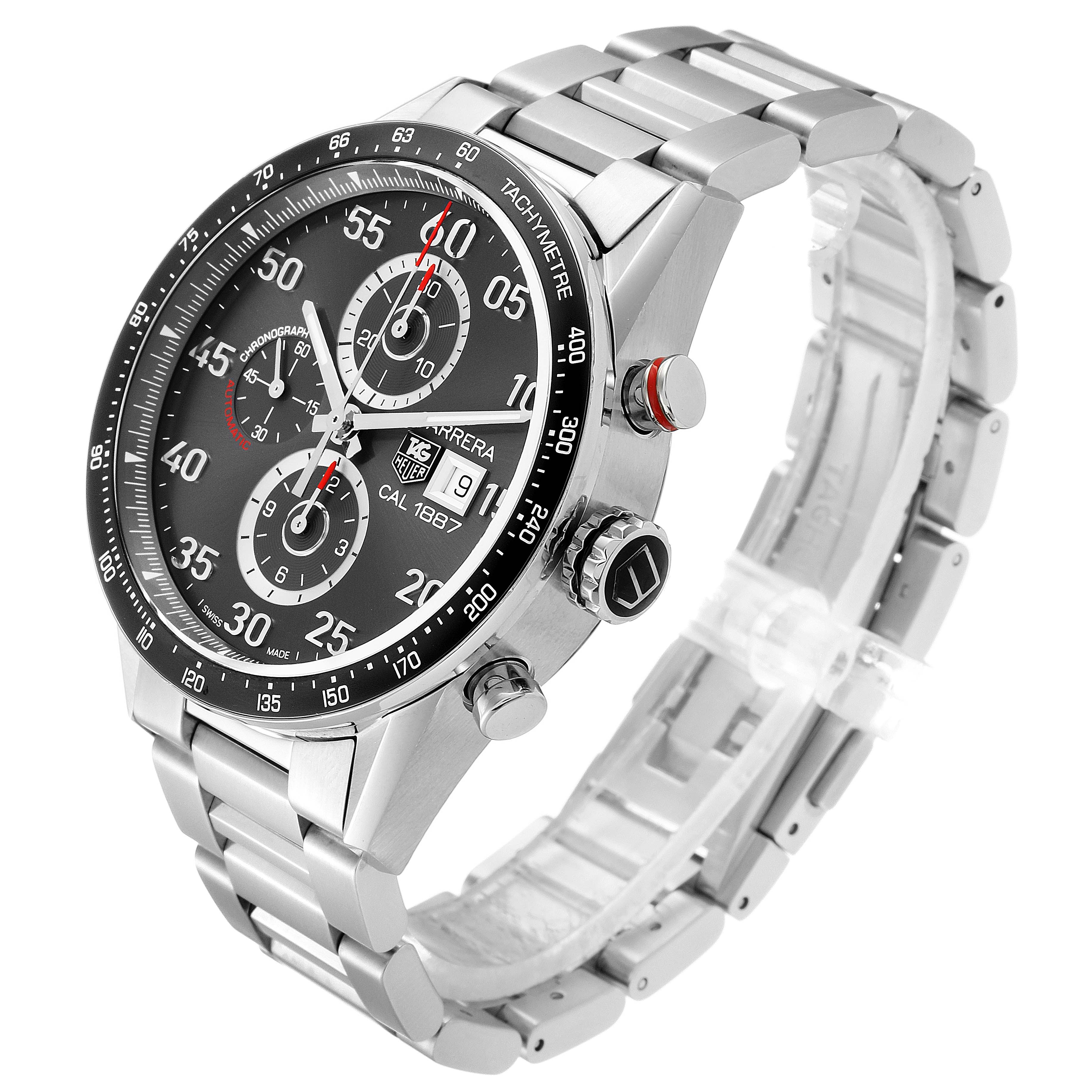 The image shows a side angle of the Tag Heuer Carrera CAR2A11.BA0799 Men's Stainless Steel Grey Dial CAR2A11.BA0799 Men's Stainless Steel Grey Dial watch, highlighting the chronograph dials, tachymeter, and stainless steel bracelet.