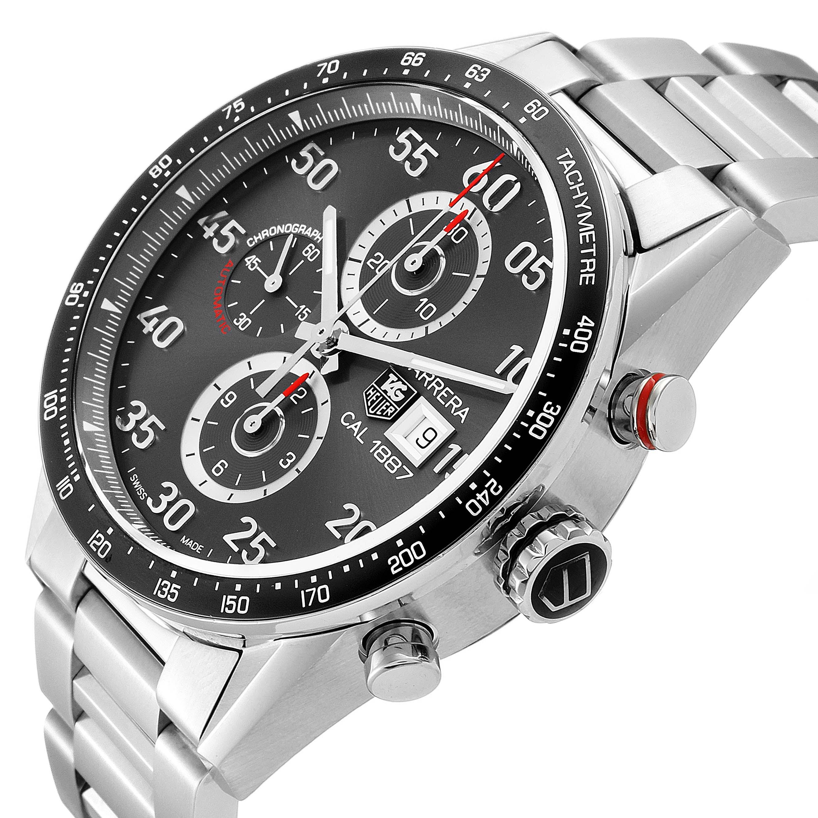 The image shows a Tag Heuer Carrera CAR2A11.BA0799 Men's Stainless Steel Grey Dial CAR2A11.BA0799 Men's Stainless Steel Grey Dial watch at a slight angle, highlighting the dial, tachymeter bezel, and stainless steel bracelet.