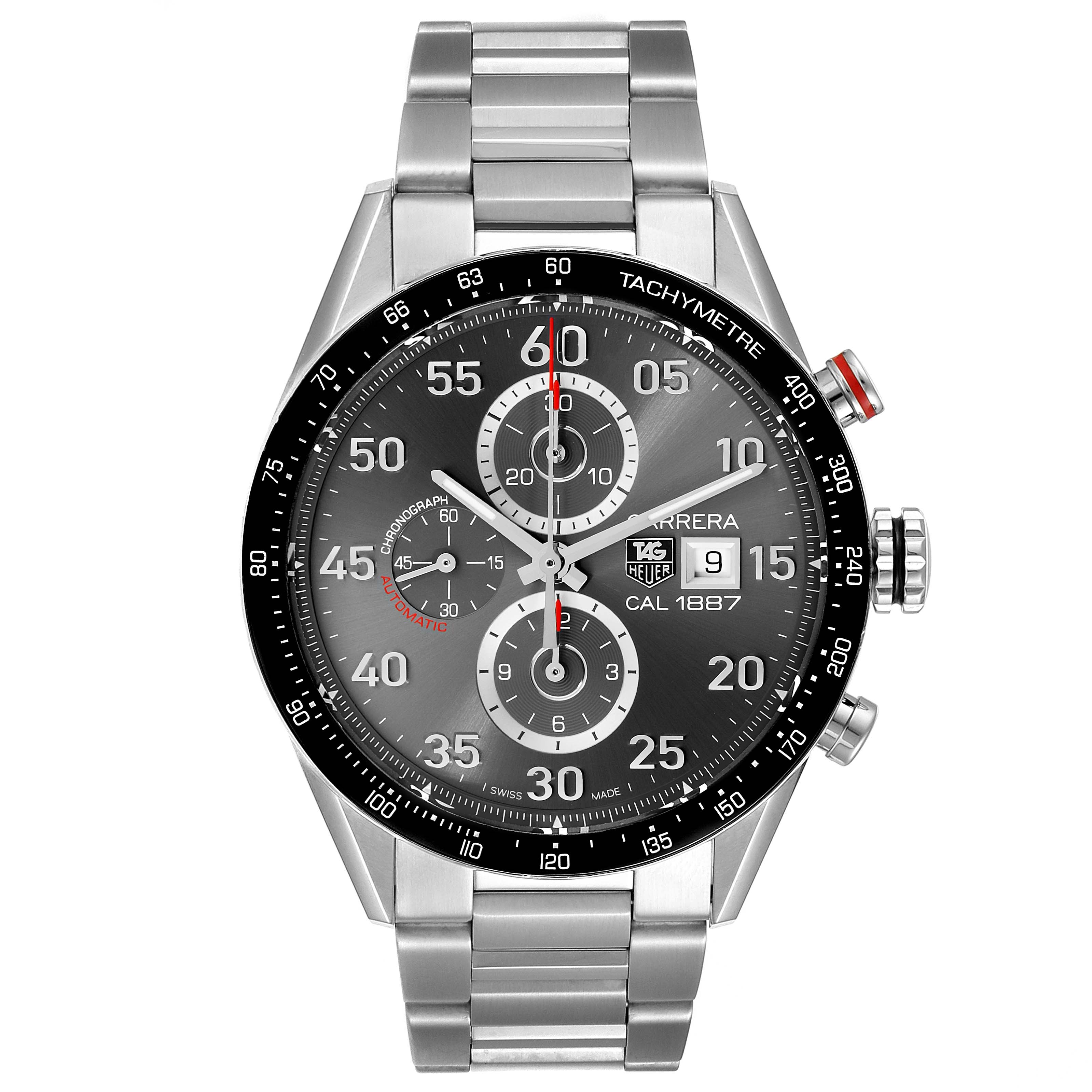 The image shows a top-down view of a Tag Heuer Carrera CAR2A11.BA0799 Men's Stainless Steel Grey Dial CAR2A11.BA0799 Men's Stainless Steel Grey Dial watch with a metal bracelet and black chronograph dial.
