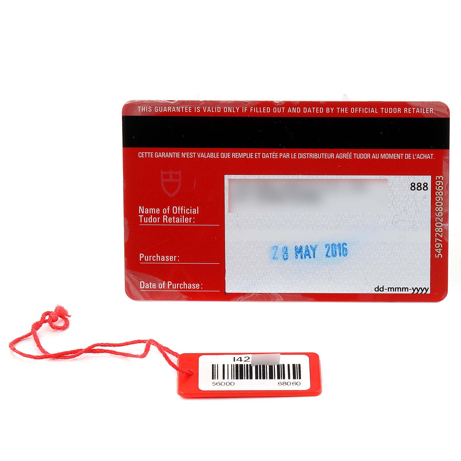 The image shows the warranty card and tag for the Tudor Glamour M56000-0008 Men's Stainless Steel Silver Dial M56000-0008 Men's Stainless Steel Silver Dial model watch.