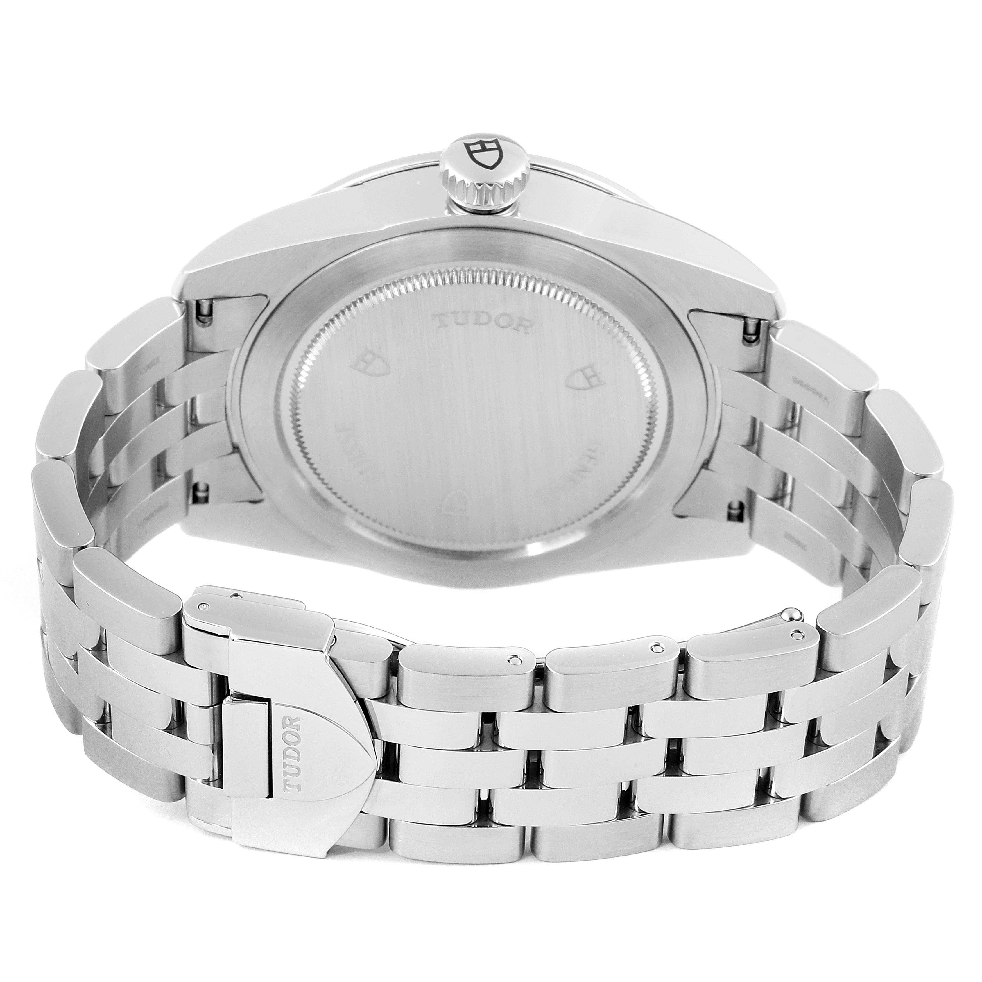 This image shows the case back and bracelet of the Tudor Glamour M56000-0008 Men's Stainless Steel Silver Dial M56000-0008 Men's Stainless Steel Silver Dial model watch from a rear angle.