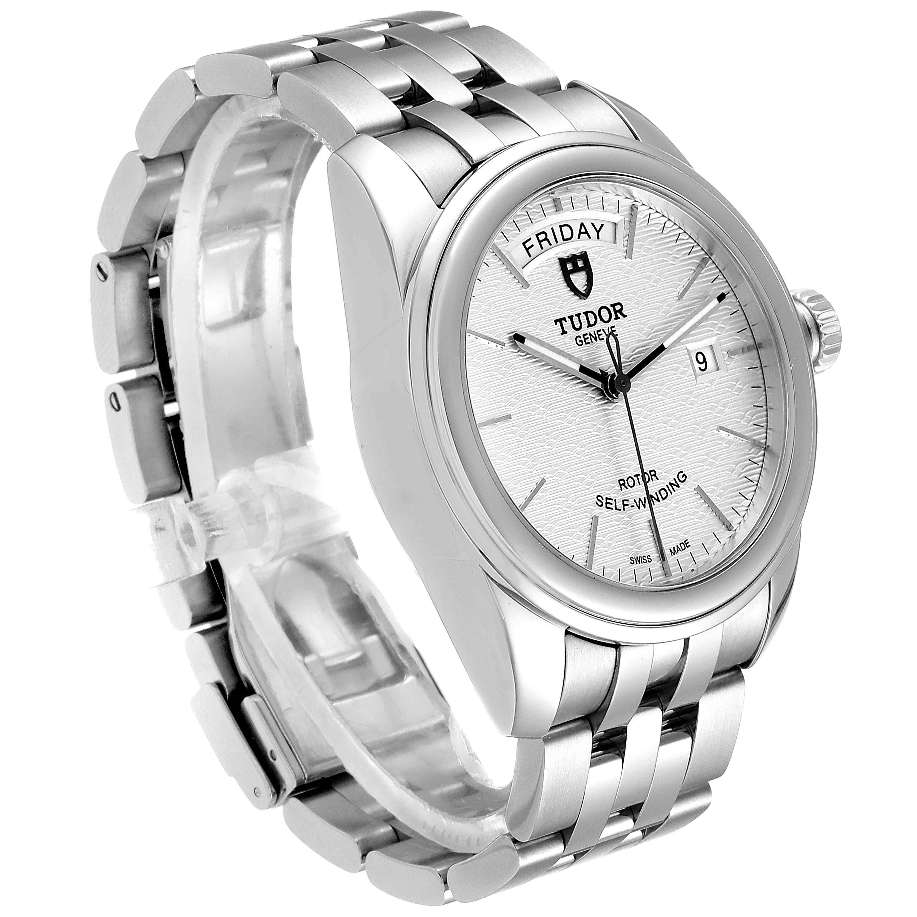 The image shows a Tudor Glamour M56000-0008 Men's Stainless Steel Silver Dial M56000-0008 Men's Stainless Steel Silver Dial model watch at a slight angle, highlighting its dial, bracelet, and side profile.