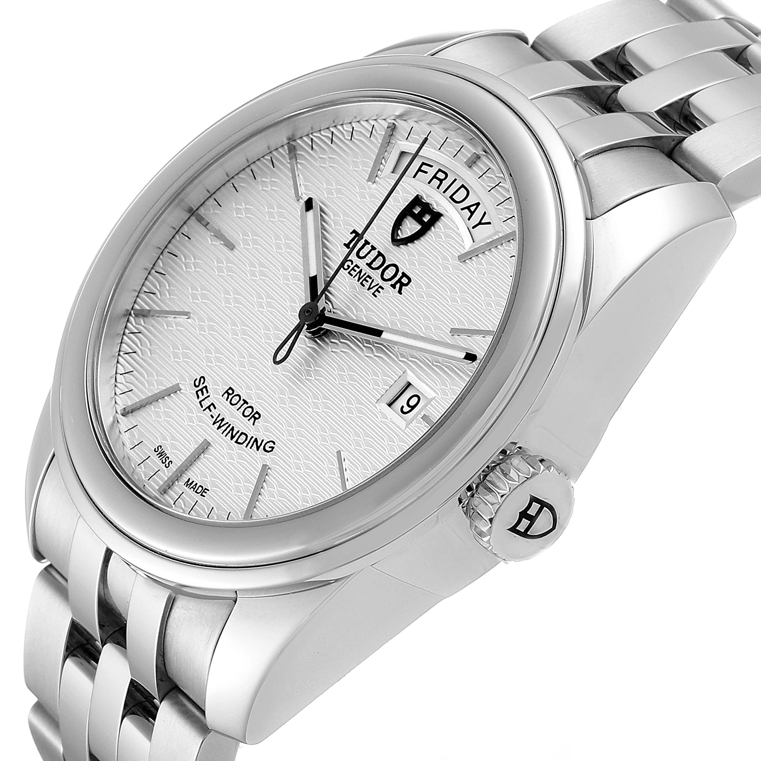 The Tudor Glamour M56000-0008 Men's Stainless Steel Silver Dial M56000-0008 Men's Stainless Steel Silver Dial model watch is shown at an oblique angle, highlighting the dial, crown, and a portion of the bracelet.