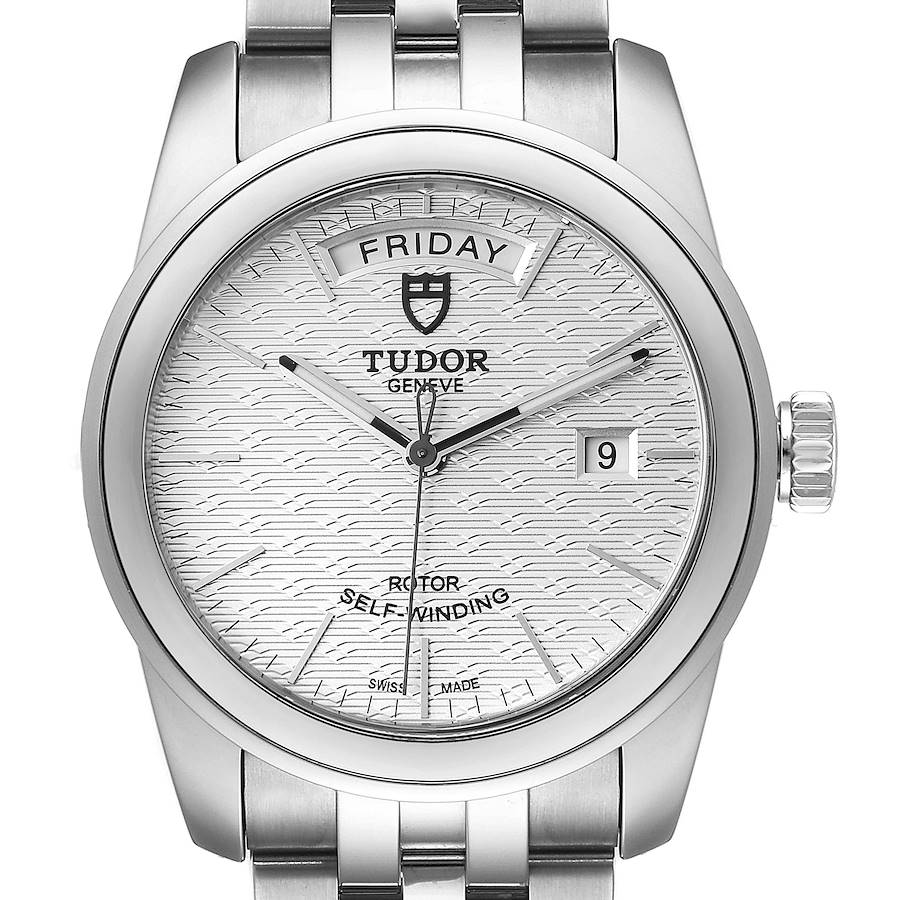 Tudor Glamour Day Date Steel Silver Dial Mens Watch 56000 Card SwissWatchExpo