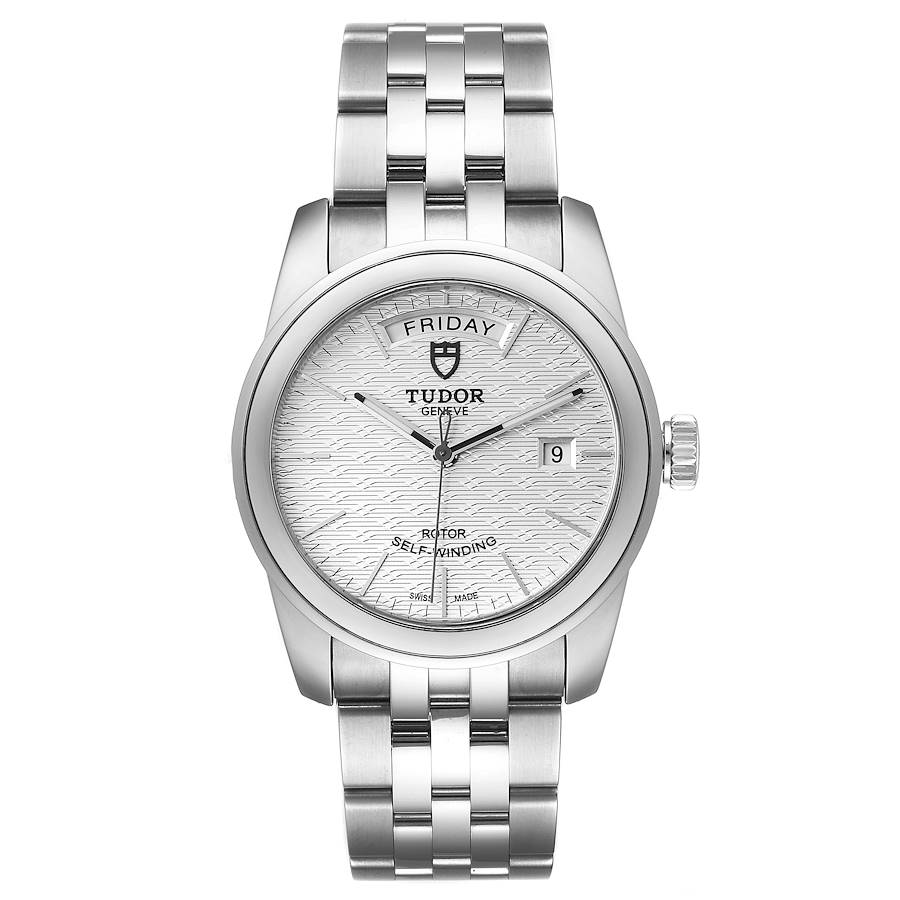 Tudor Glamour Day Date Steel Silver Dial Mens Watch 56000 Card