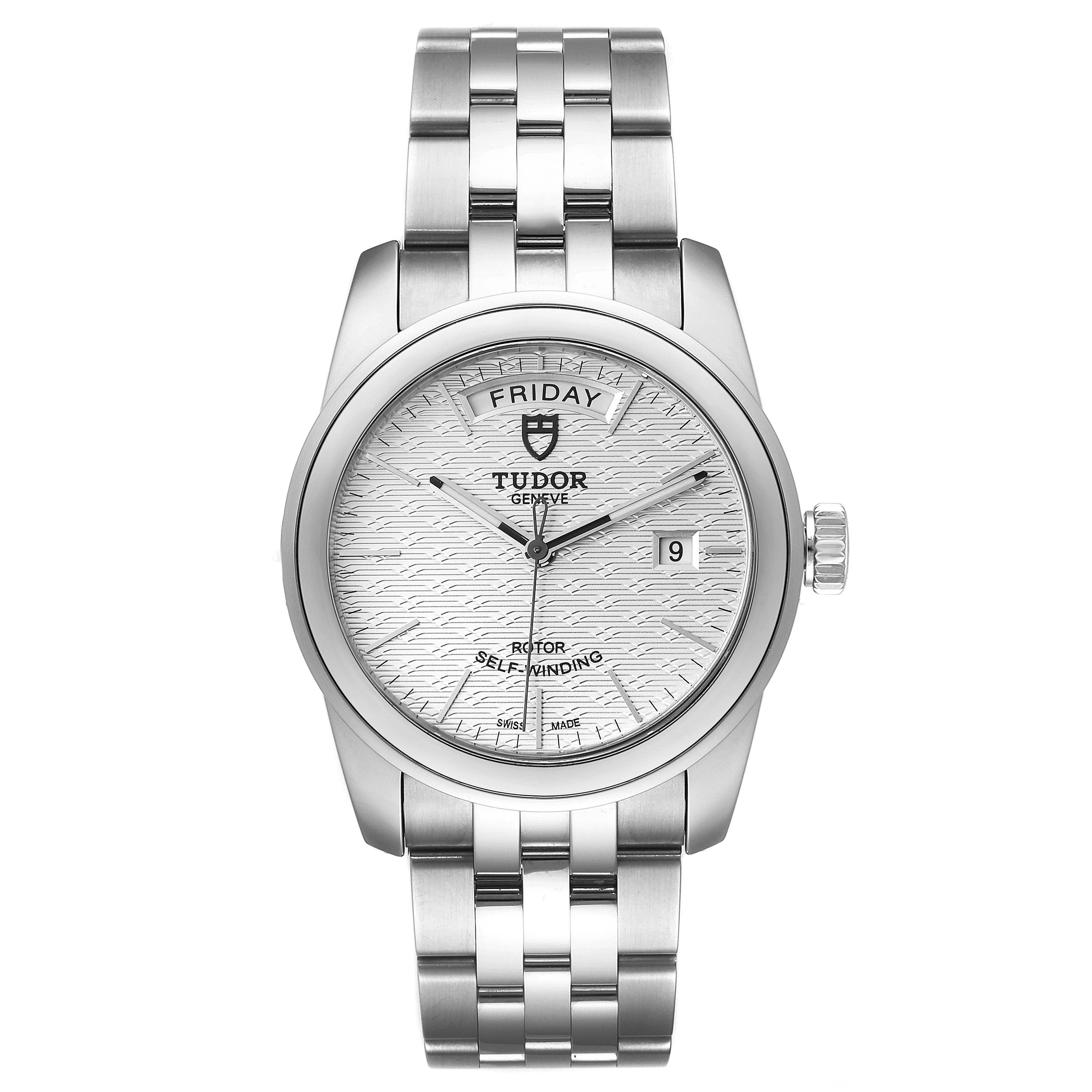 The image shows a front view of the Tudor Glamour M56000-0008 Men's Stainless Steel Silver Dial M56000-0008 Men's Stainless Steel Silver Dial model watch, displaying its face, bezel, bracelet, and crown.