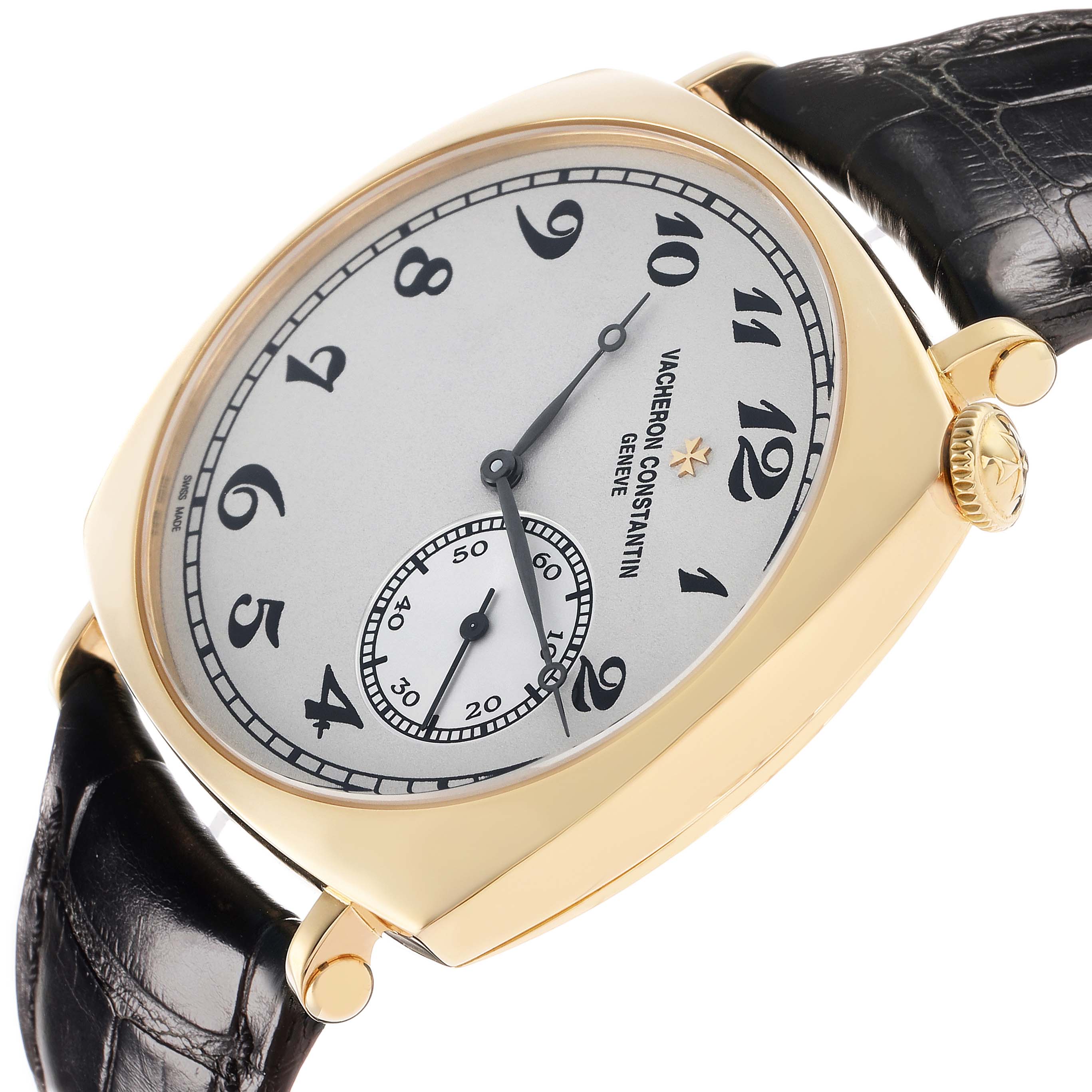 The Vacheron Constantin Historiques 82035 Men's Yellow Gold Silver Dial watch is shown from a side angle, highlighting the case, crown, dial, and strap.