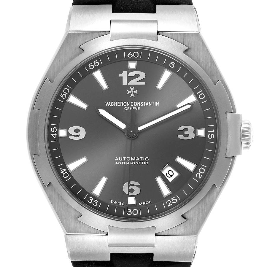 The Vacheron Constantin Overseas 47040 Men's Stainless Steel Grey Dial watch is shown from a front angle, highlighting its dial, bezel, and crown.