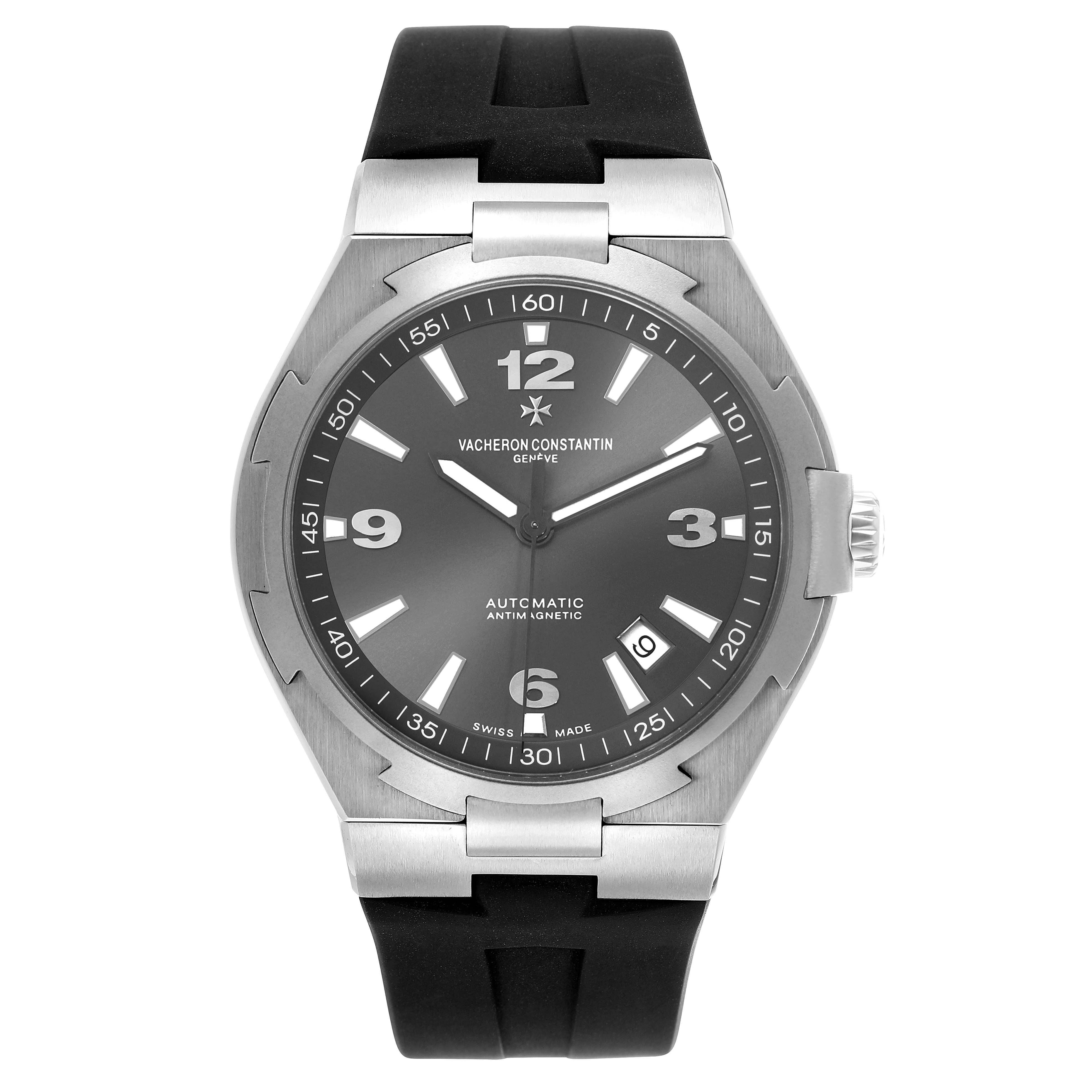 The image shows a front view of the Vacheron Constantin Overseas 47040 Men's Stainless Steel Grey Dial watch, highlighting the dial, bezel, and black strap.