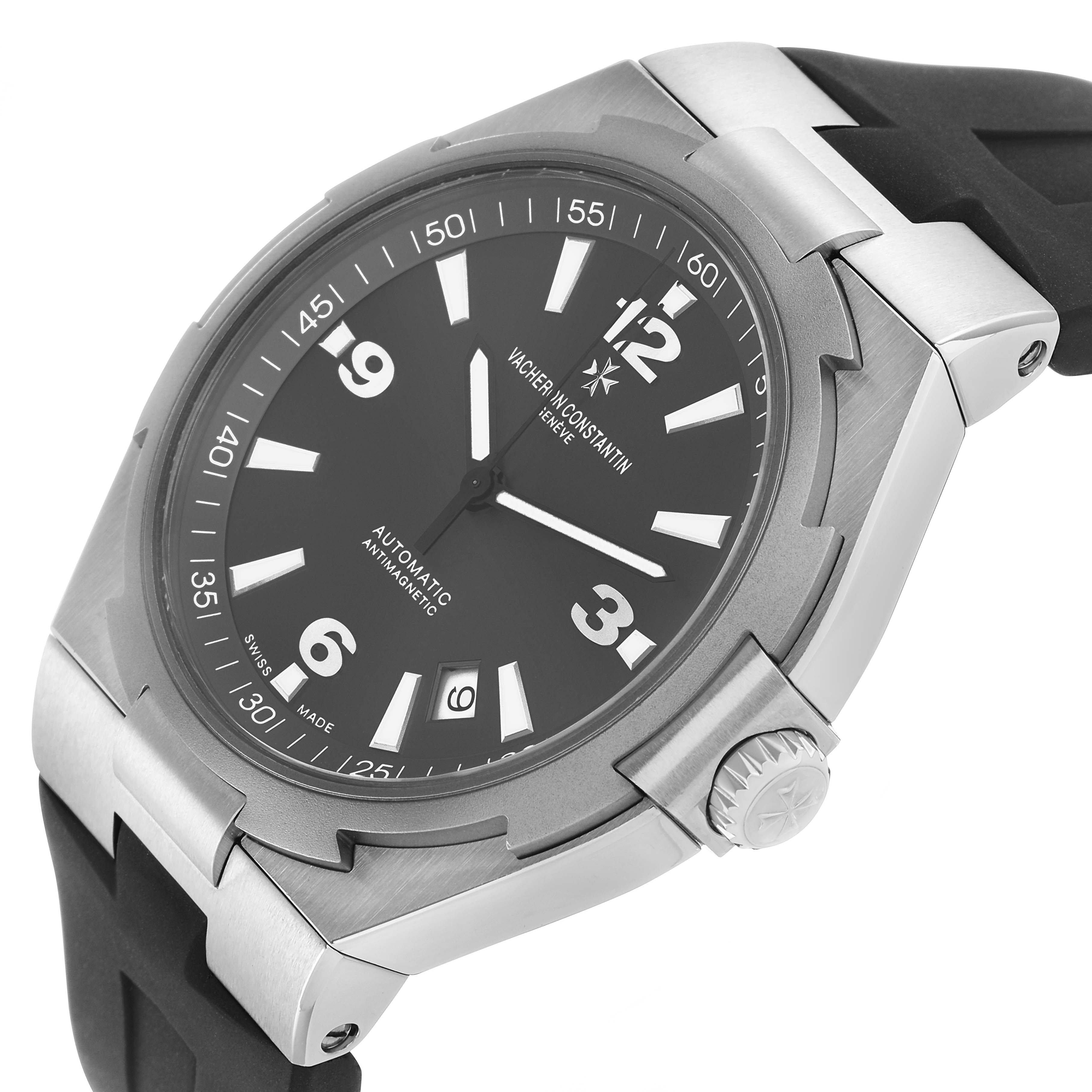 The Vacheron Constantin Overseas 47040 Men's Stainless Steel Grey Dial watch is shown at a three-quarter angle, highlighting the dial, bezel, crown, and strap connection.