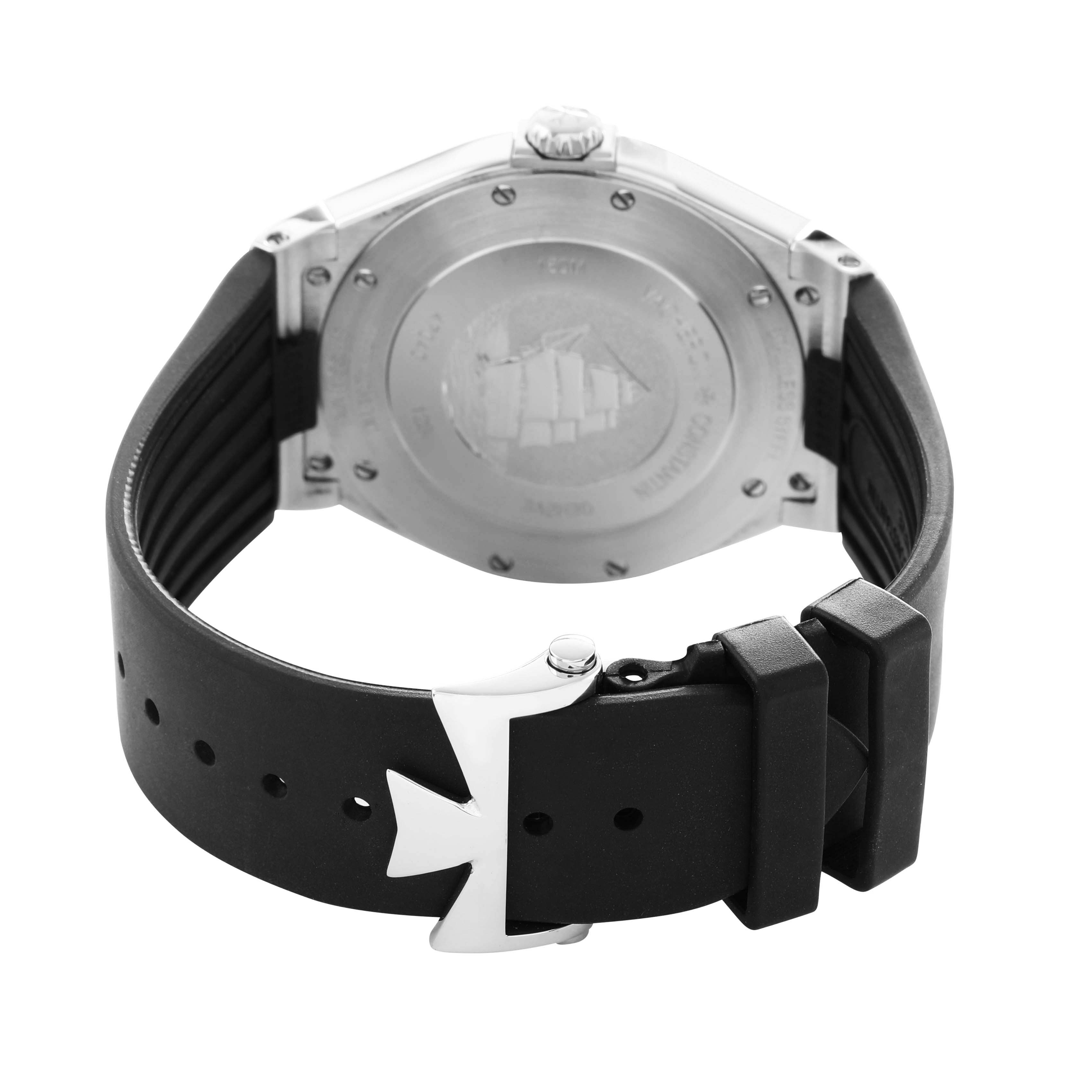 The image shows the back and clasp of the Vacheron Constantin Overseas 47040 Men's Stainless Steel Grey Dial watch, highlighting its case back and rubber strap.