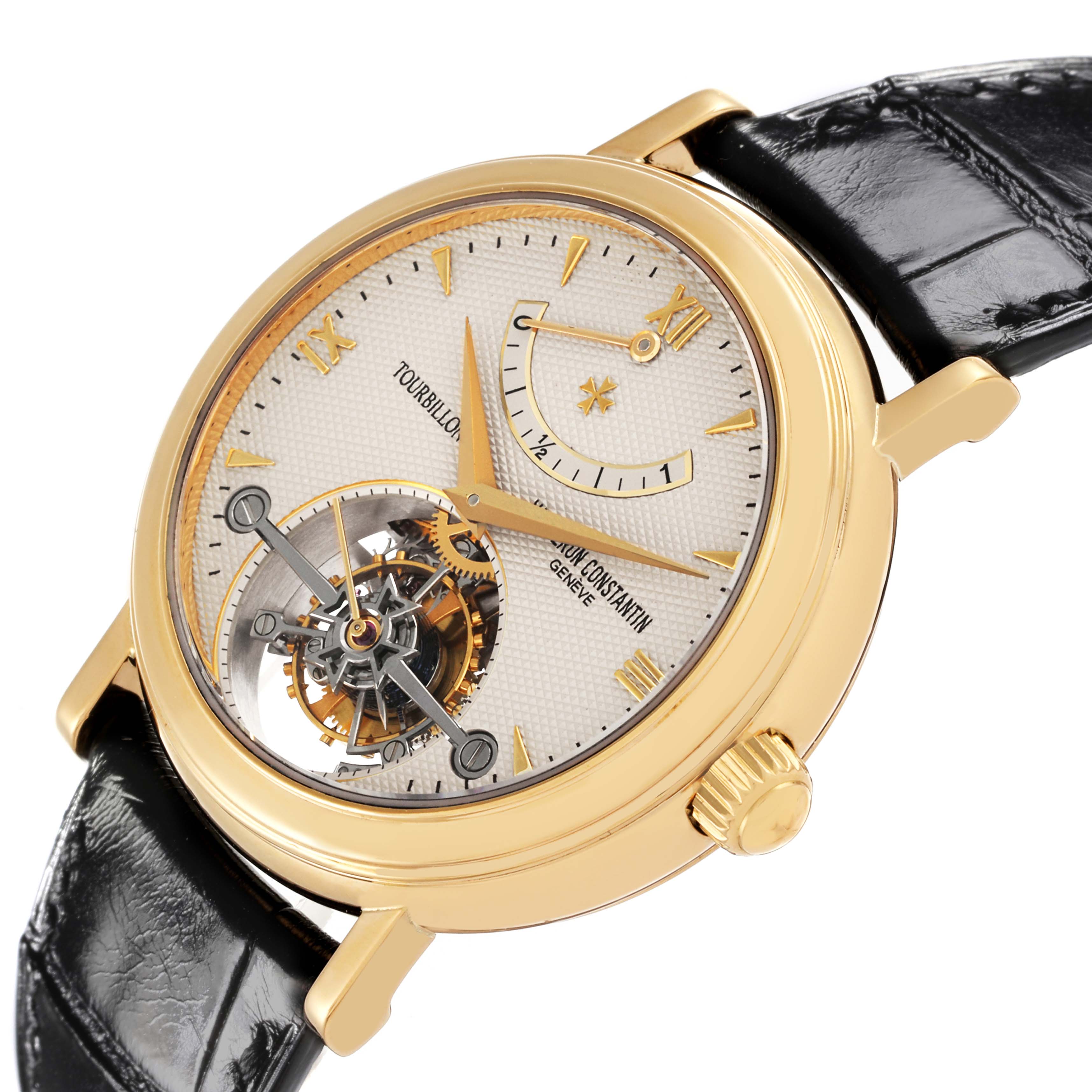 The Vacheron Constantin Patrimony 30050/000J-7604 Men's Yellow Gold White Dial 30050/000J-7604 Men's Yellow Gold White Dial watch is shown at an angle highlighting the dial, tourbillon, and case details.