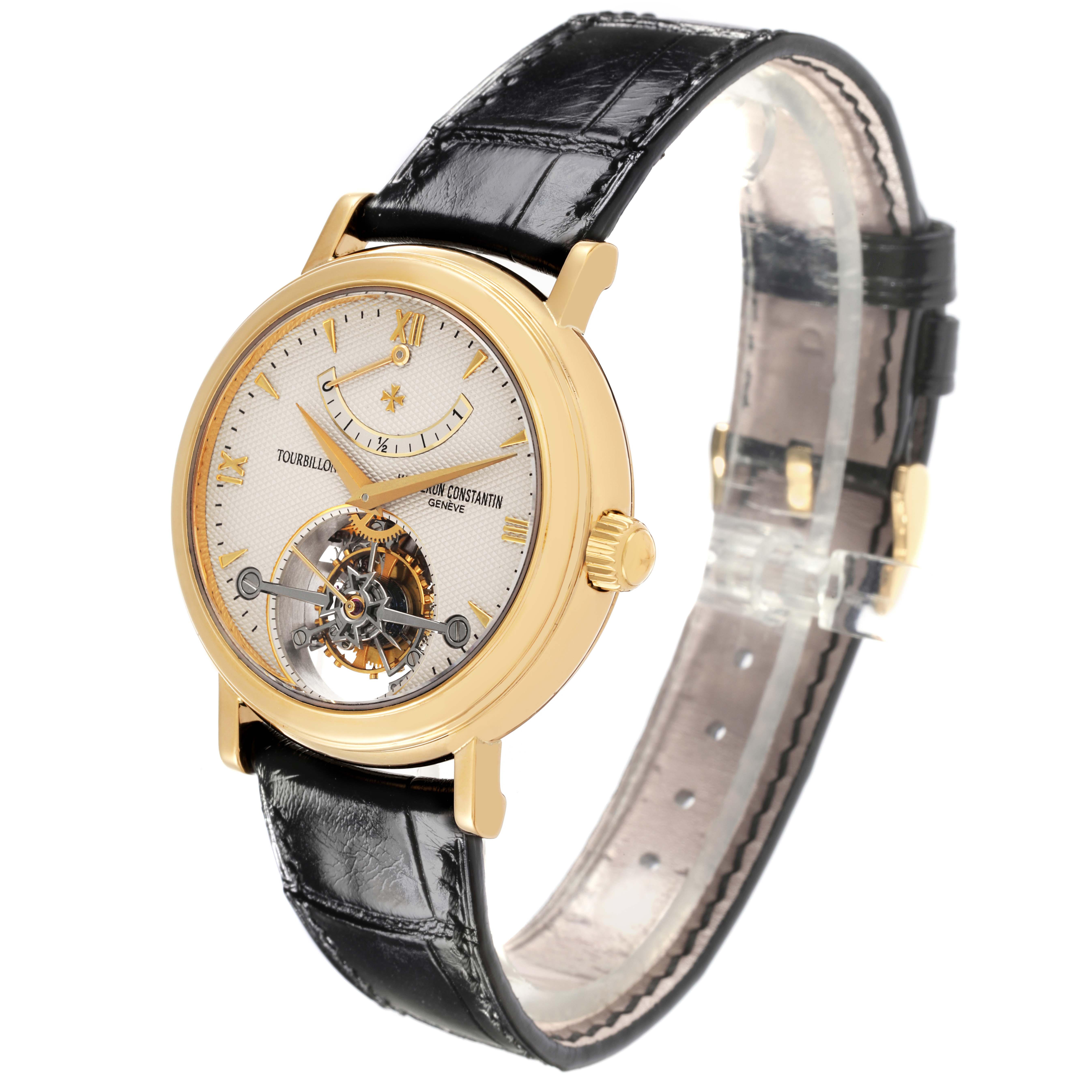 The Vacheron Constantin Patrimony 30050/000J-7604 Men's Yellow Gold White Dial 30050/000J-7604 Men's Yellow Gold White Dial watch is shown at a slight angled view, highlighting the gold case, black leather strap, and tourbillon.