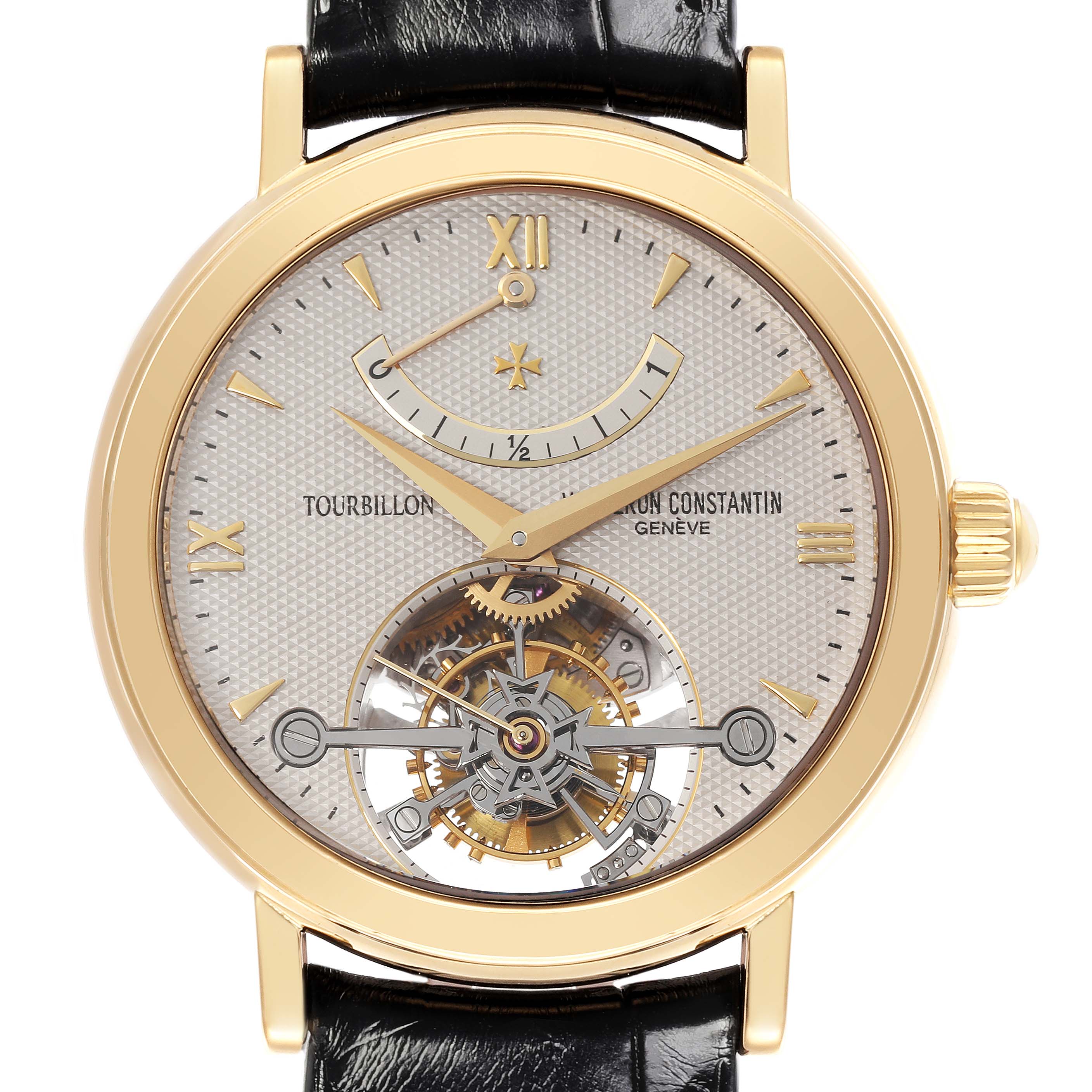 The Vacheron Constantin Patrimony 30050/000J-7604 Men's Yellow Gold White Dial 30050/000J-7604 Men's Yellow Gold White Dial watch is shown from a front angle, highlighting the face and tourbillon mechanism.