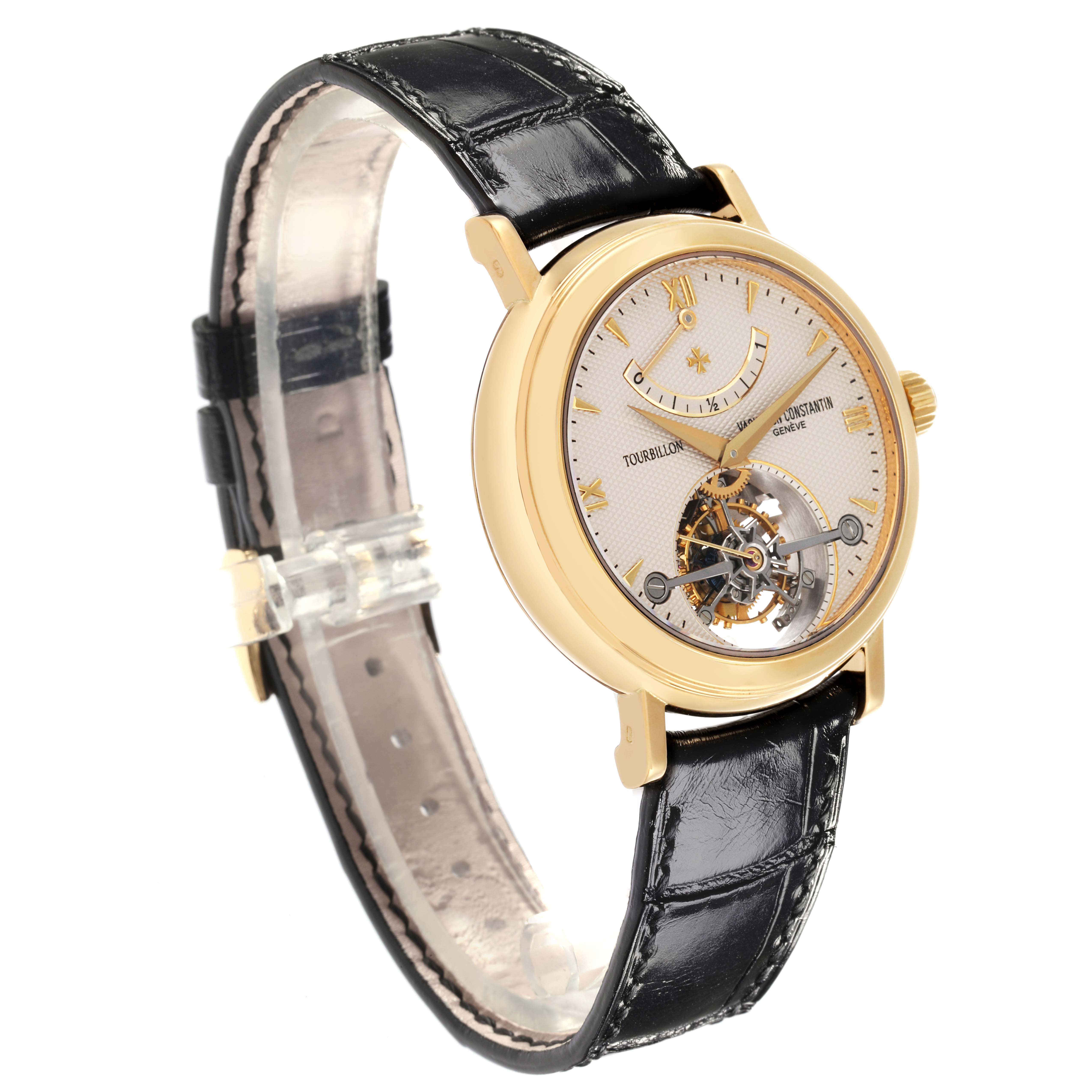 The Vacheron Constantin Patrimony 30050/000J-7604 Men's Yellow Gold White Dial 30050/000J-7604 Men's Yellow Gold White Dial watch is shown at a three-quarter angle, displaying the face, bezel, crown, and leather strap.