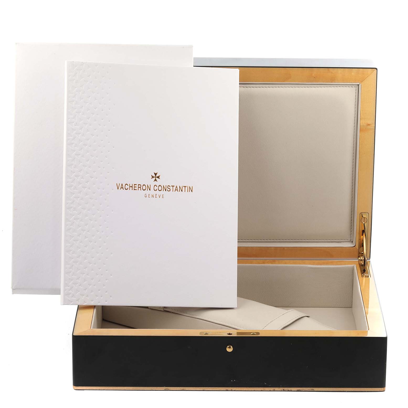 The image shows open packaging for a Vacheron Constantin Patrimony 30050/000J-7604 Men's Yellow Gold White Dial 30050/000J-7604 Men's Yellow Gold White Dial watch, including a box and booklet.