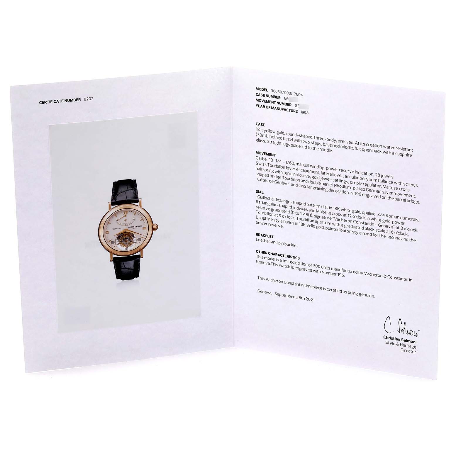 The Vacheron Constantin Patrimony 30050/000J-7604 Men's Yellow Gold White Dial 30050/000J-7604 Men's Yellow Gold White Dial watch is shown from the front with a leather strap and visible dial details.