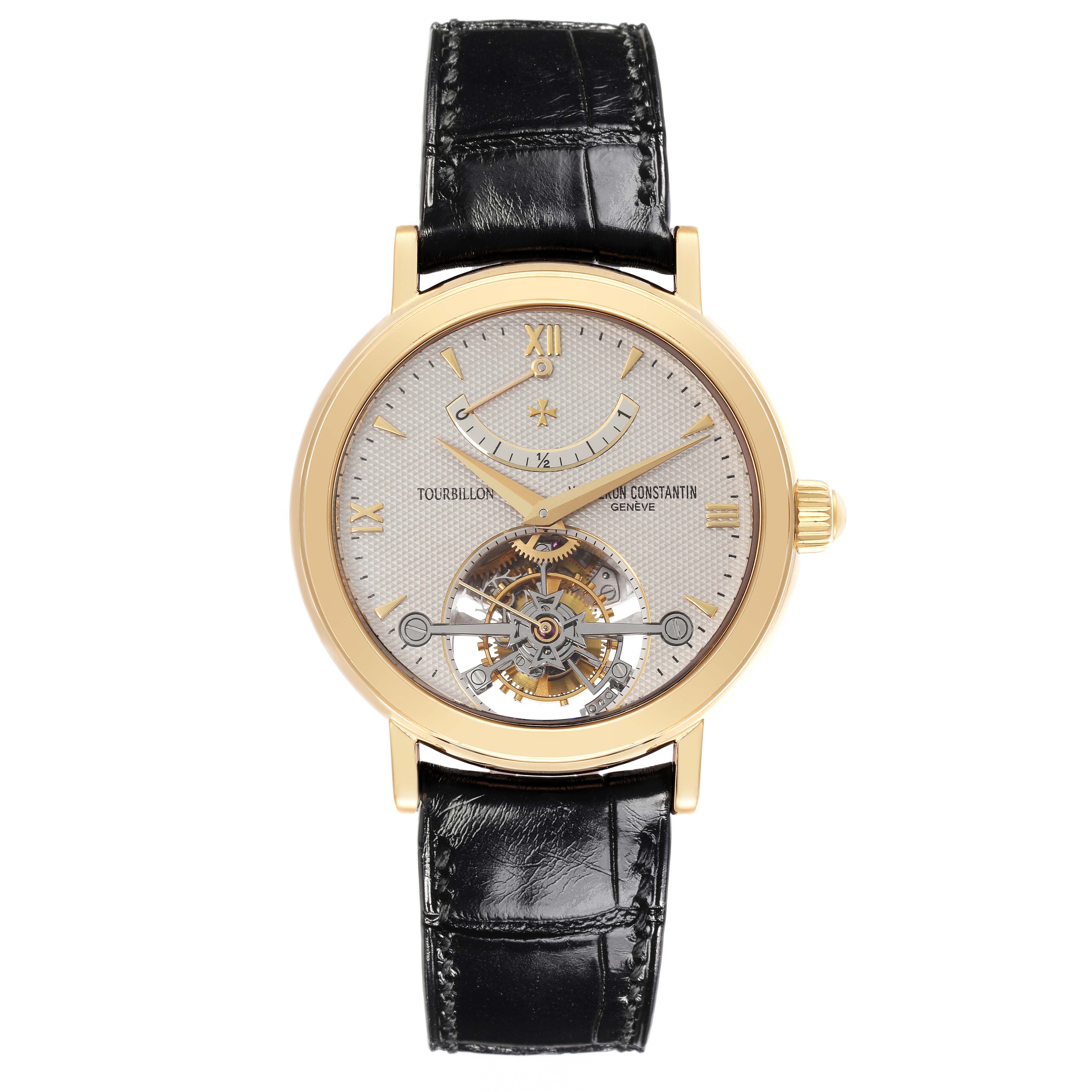 The Vacheron Constantin Patrimony 30050/000J-7604 Men's Yellow Gold White Dial 30050/000J-7604 Men's Yellow Gold White Dial watch is shown from the front, displaying the dial, case, and black leather strap.