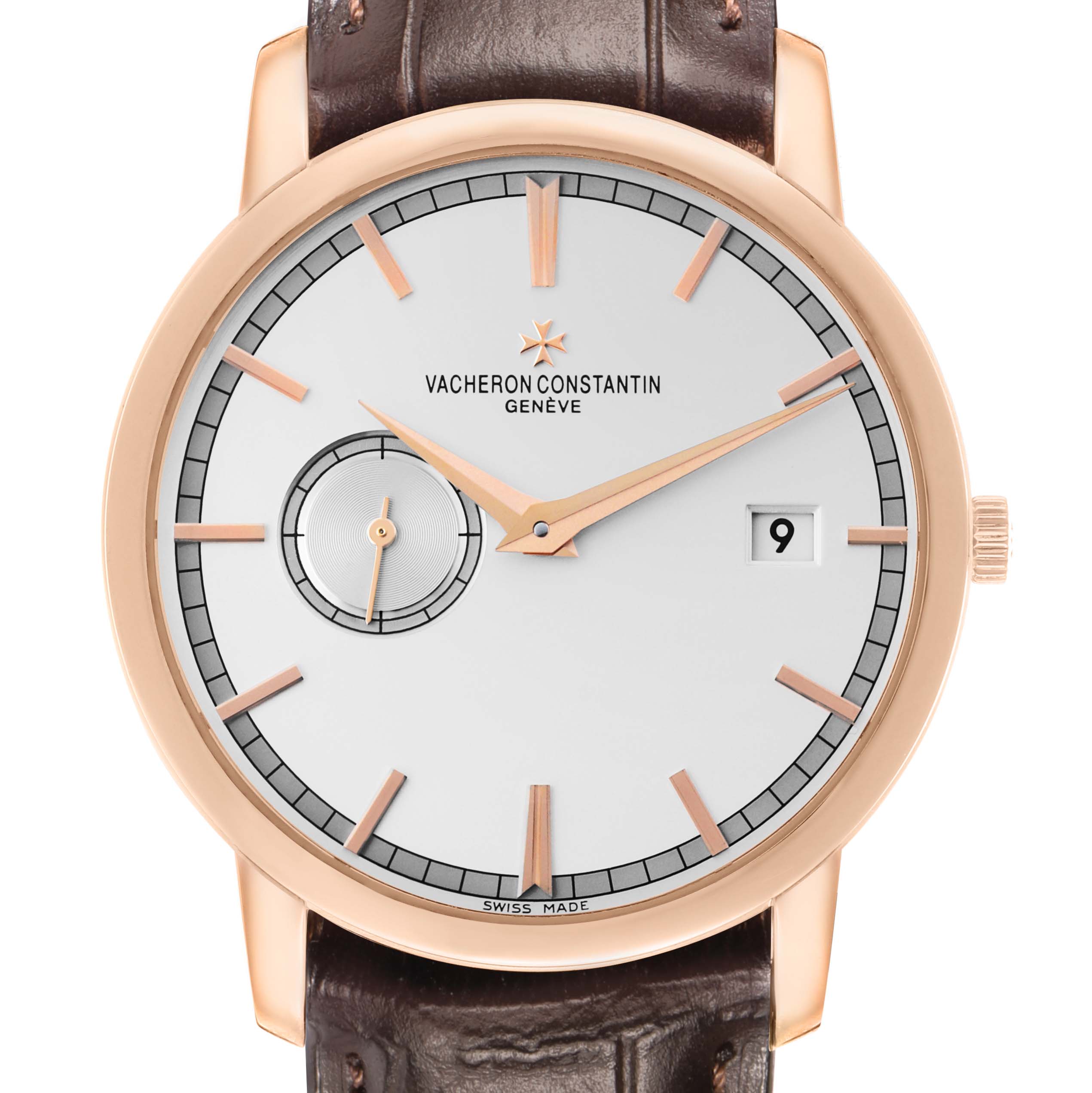 The Vacheron Constantin Traditionnelle 87172 Men's Rose Gold Silver Dial watch is shown from a straight-on angle, displaying the dial, hands, indices, and leather strap.