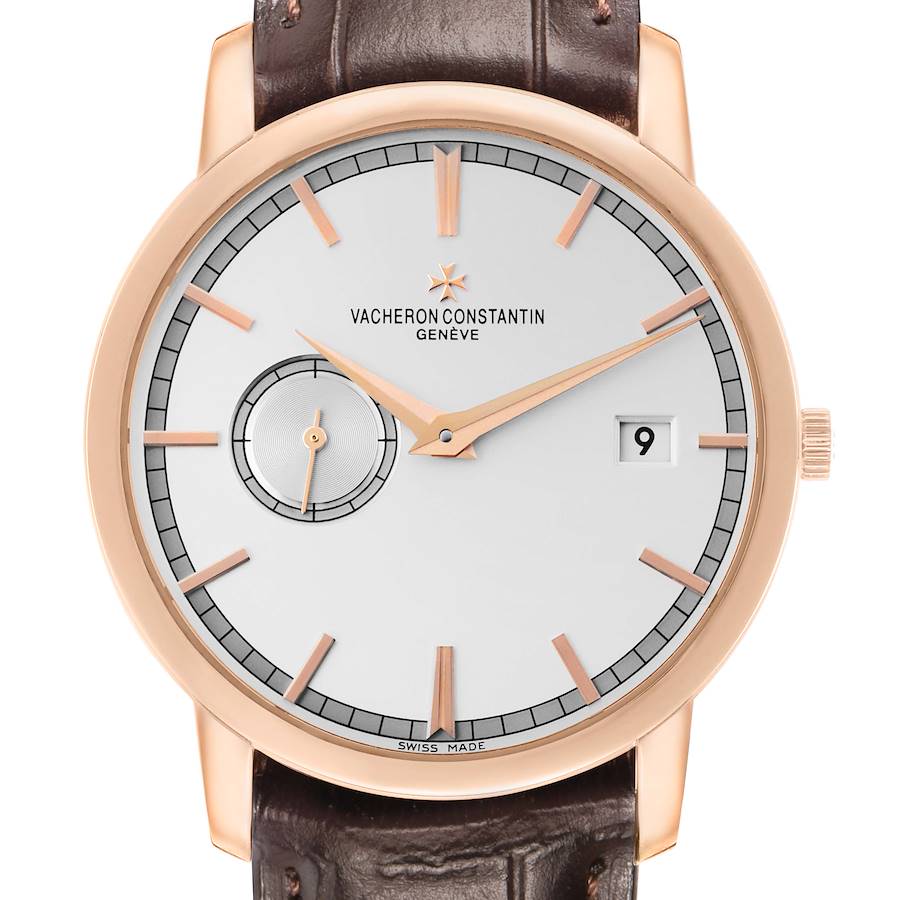 The Vacheron Constantin Traditionnelle 87172 Men's Rose Gold Silver Dial watch is shown from a straight-on angle, displaying the dial, hands, indices, and leather strap.