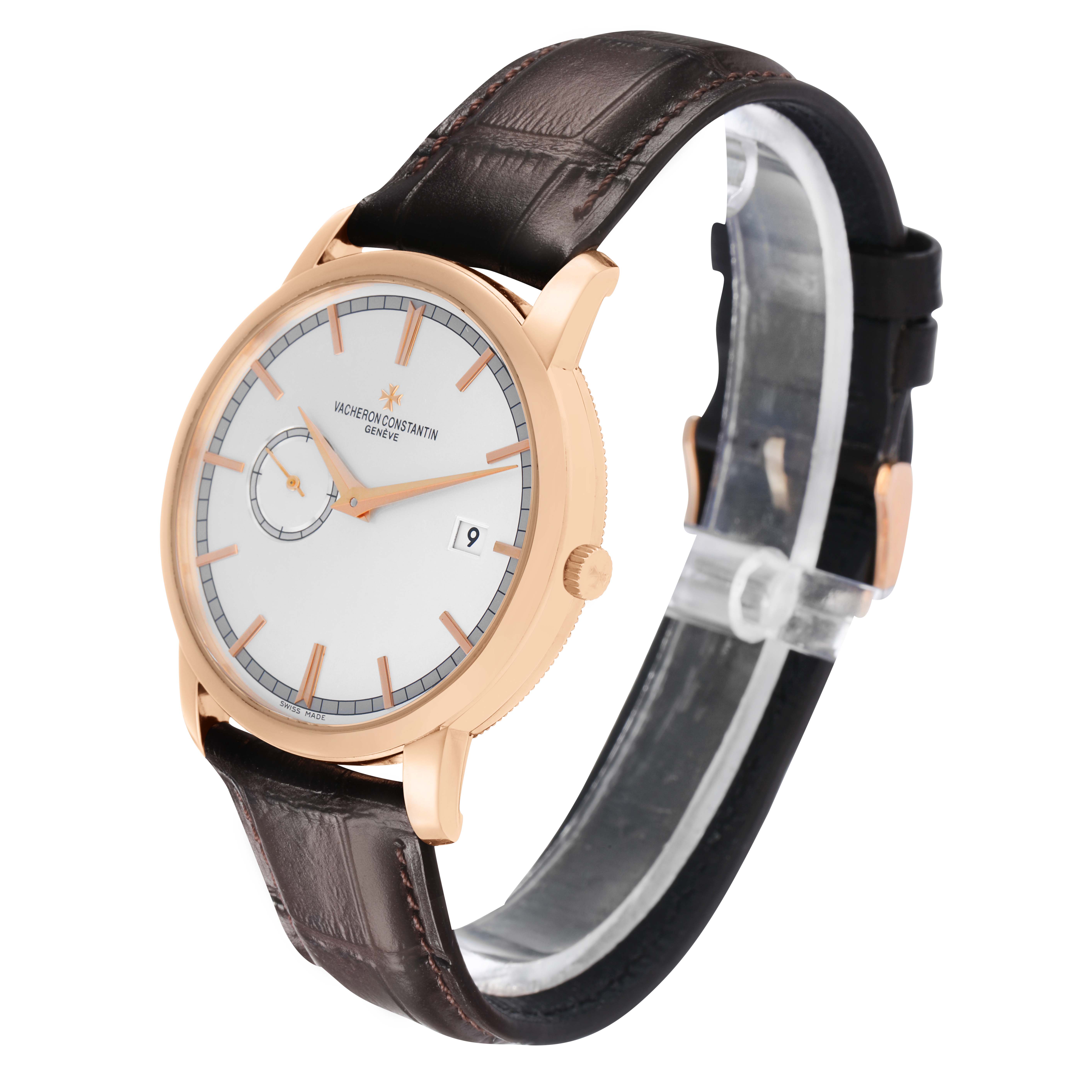 The Vacheron Constantin Traditionnelle 87172 Men's Rose Gold Silver Dial watch is shown at a three-quarter angle, highlighting the dial, rose gold case, and leather strap.