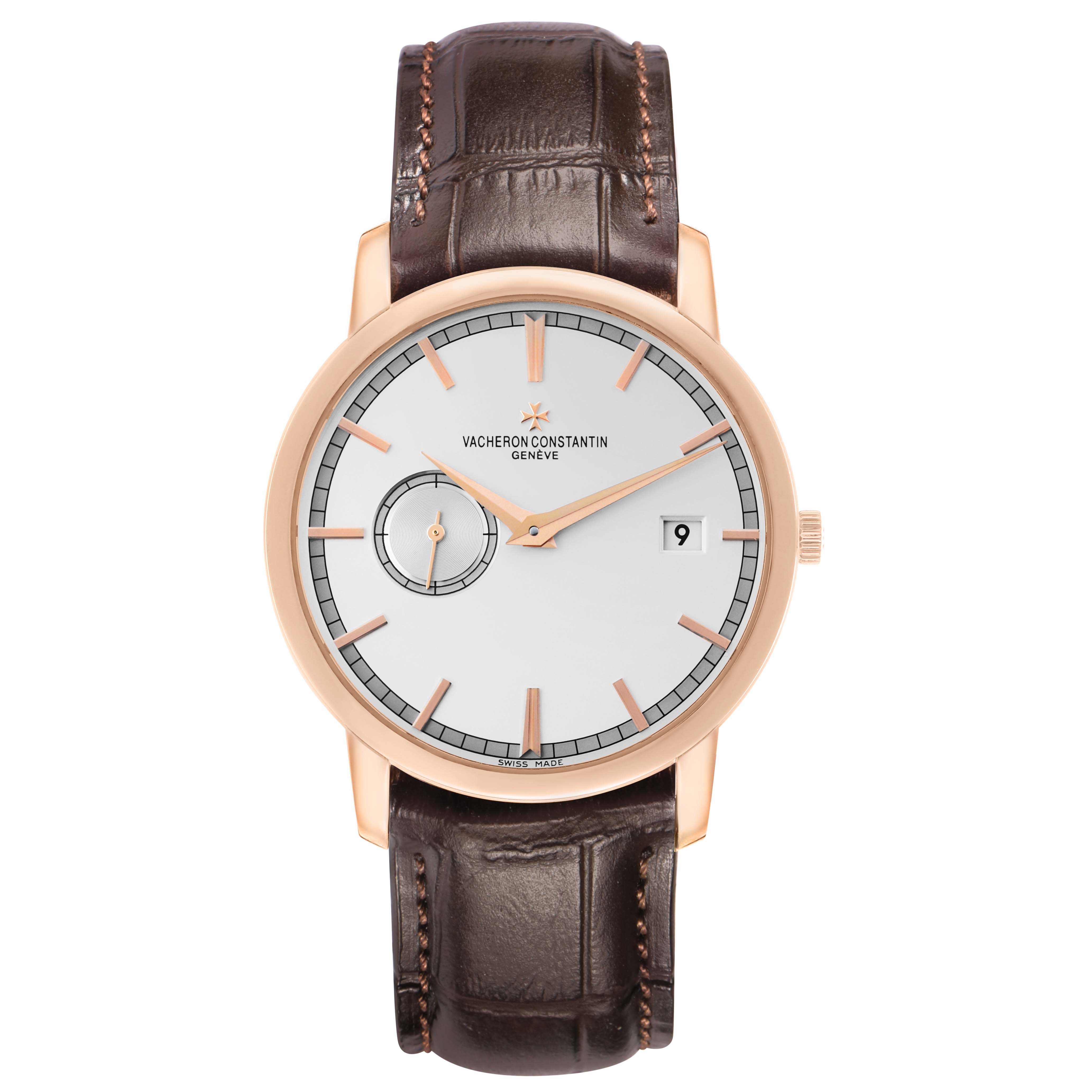 The Vacheron Constantin Traditionnelle 87172 Men's Rose Gold Silver Dial watch is shown from the front, highlighting the dial, hands, indices, date, and leather strap.
