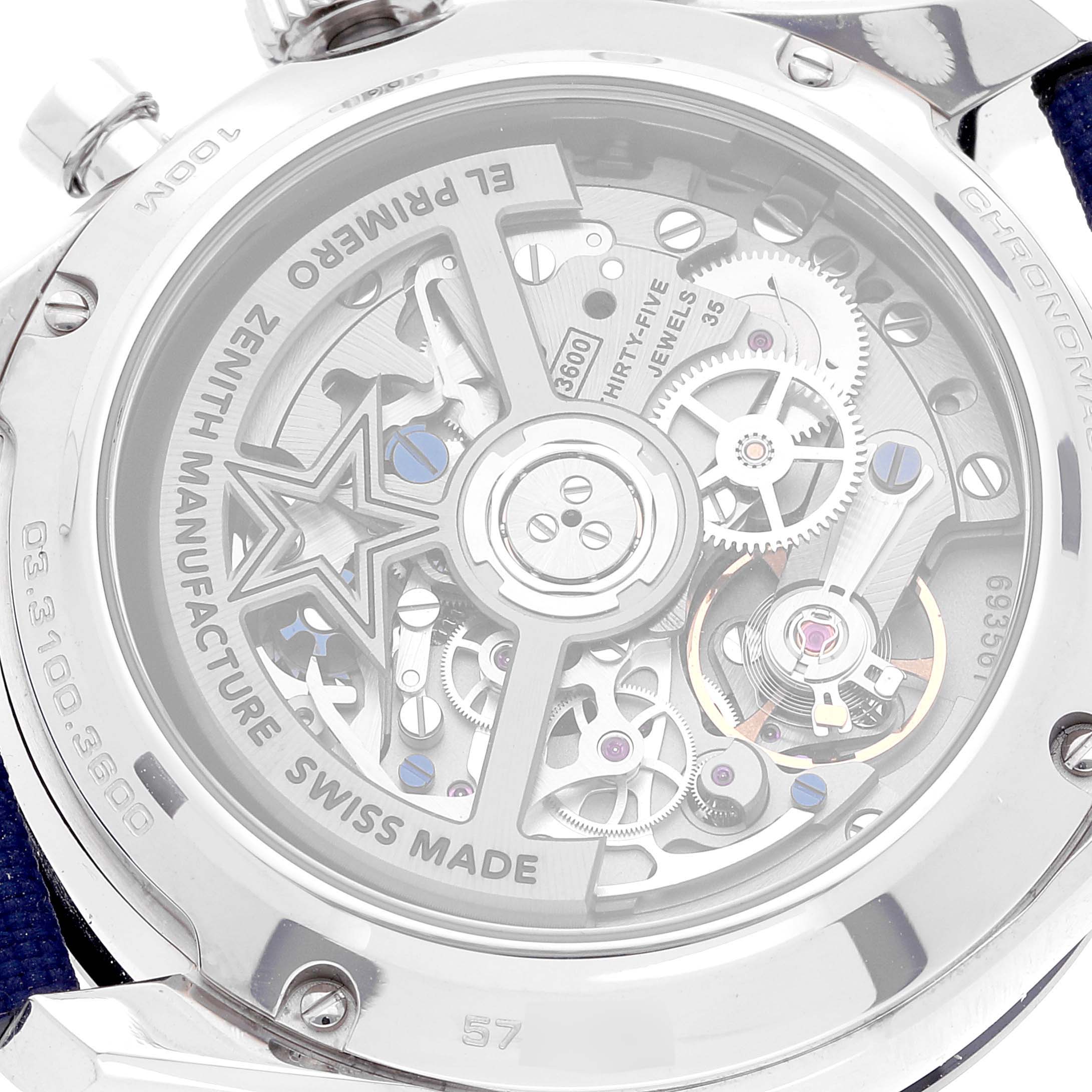 The image shows the back case of the Zenith Chronomaster 03.3100.3600 Men's Stainless Steel White Dial 03.3100.3600 Men's Stainless Steel White Dial watch, highlighting its intricate movement and internal mechanisms.