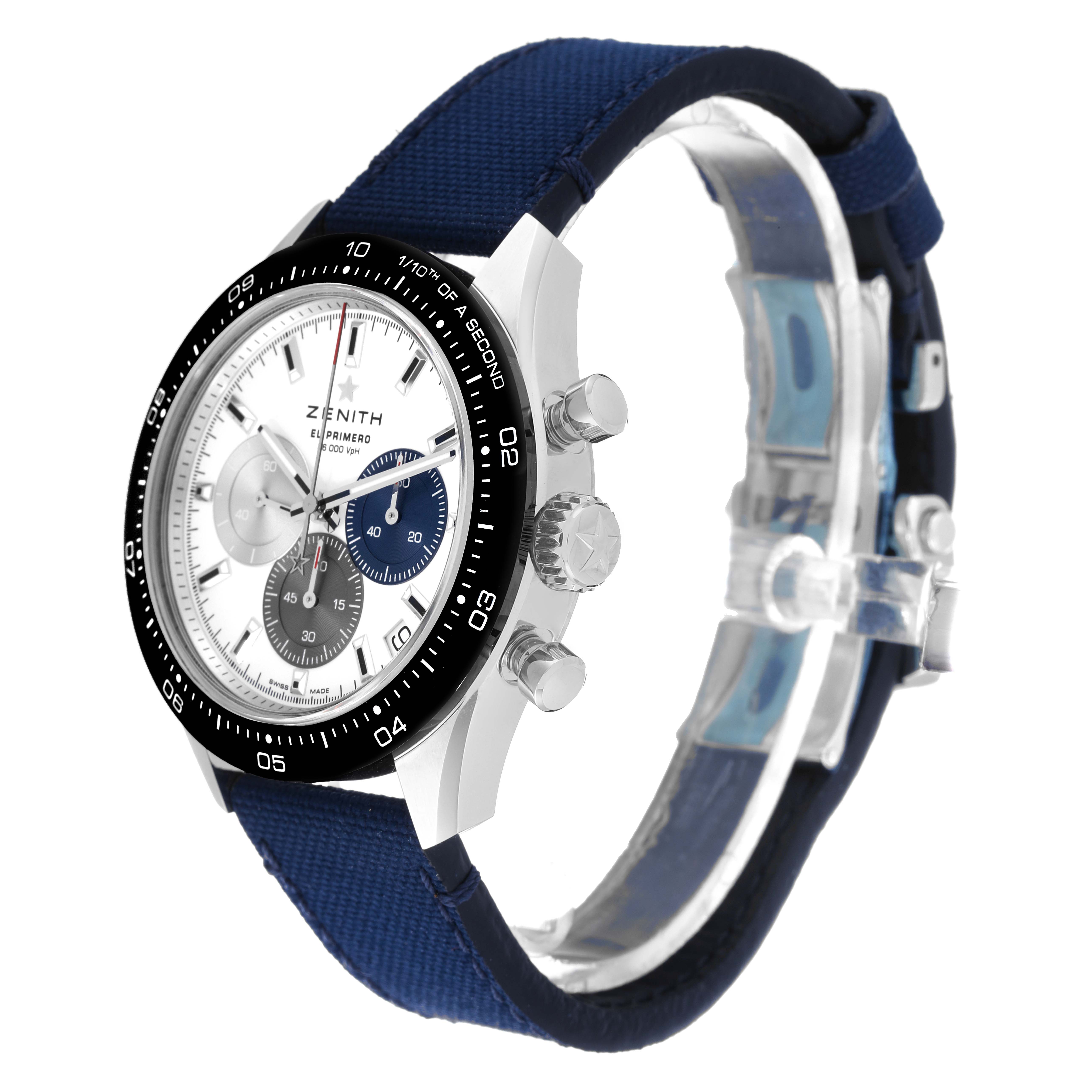 The image shows a side angle of the Zenith Chronomaster 03.3100.3600 Men's Stainless Steel White Dial 03.3100.3600 Men's Stainless Steel White Dial watch, highlighting the case, crown, chronograph pushers, and blue strap.