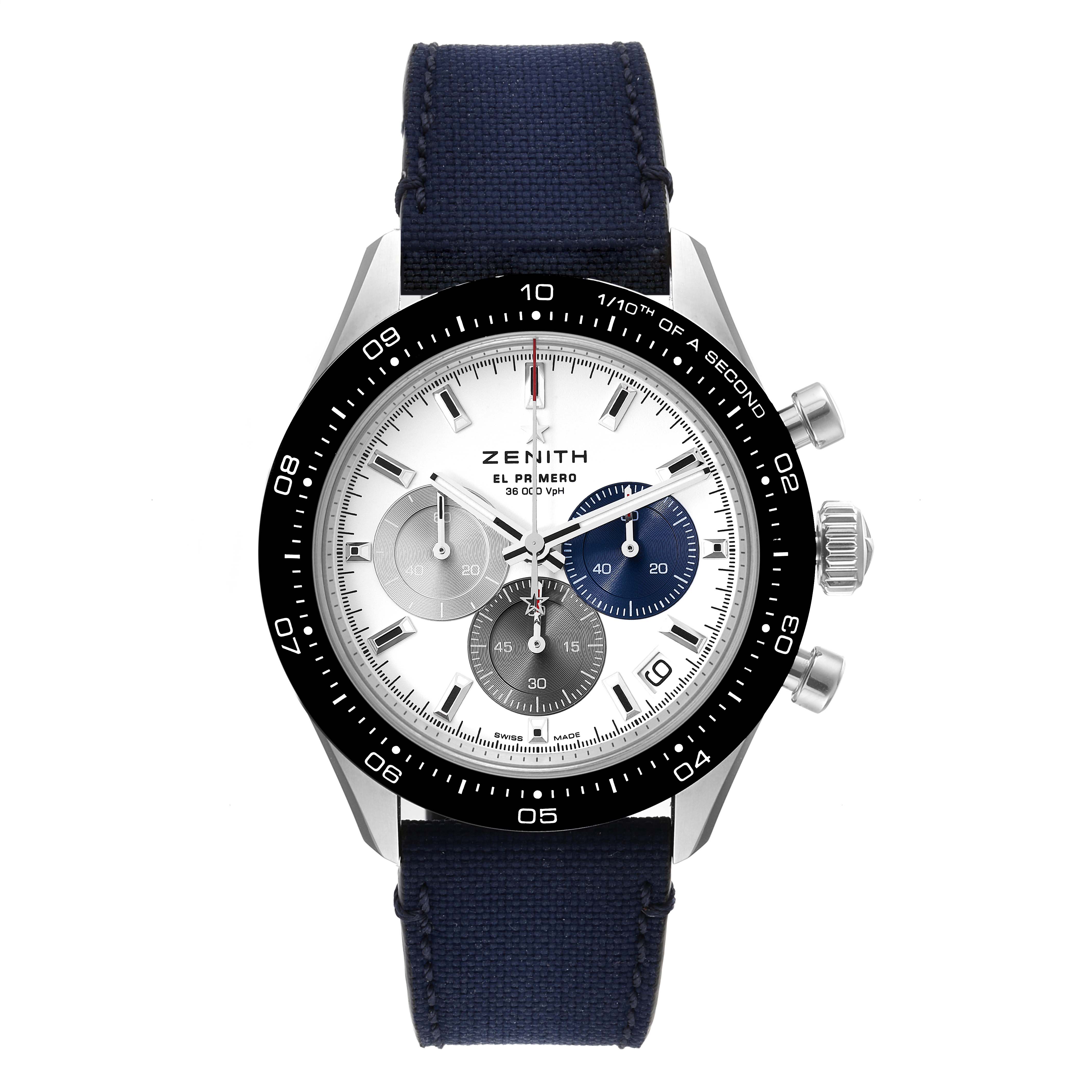 The image shows a frontal view of a Zenith Chronomaster 03.3100.3600 Men's Stainless Steel White Dial 03.3100.3600 Men's Stainless Steel White Dial El Primero watch with a black bezel and a navy blue strap.