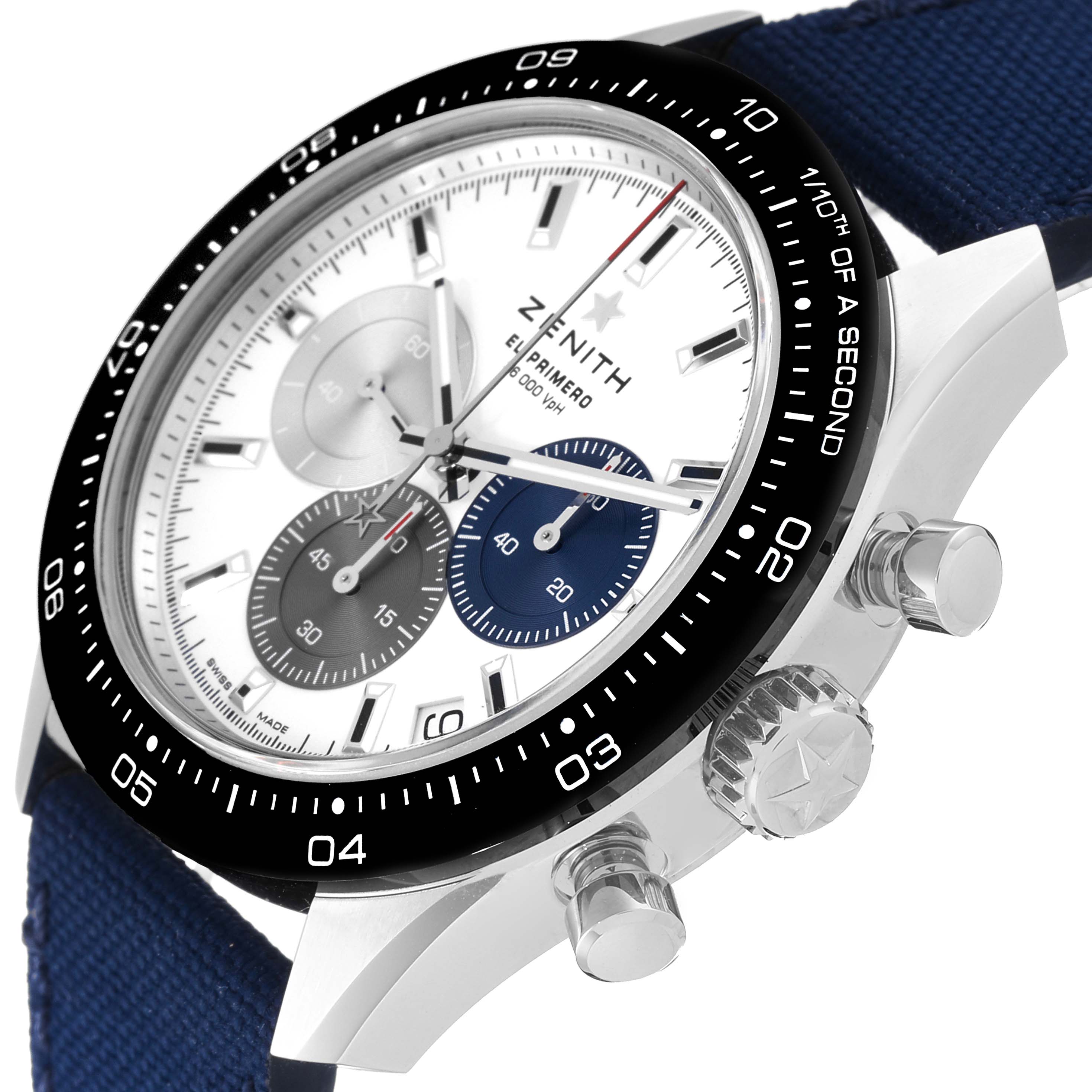 This Zenith Chronomaster 03.3100.3600 Men's Stainless Steel White Dial 03.3100.3600 Men's Stainless Steel White Dial watch is shown at an oblique angle highlighting its face, bezel, pushers, and crown.