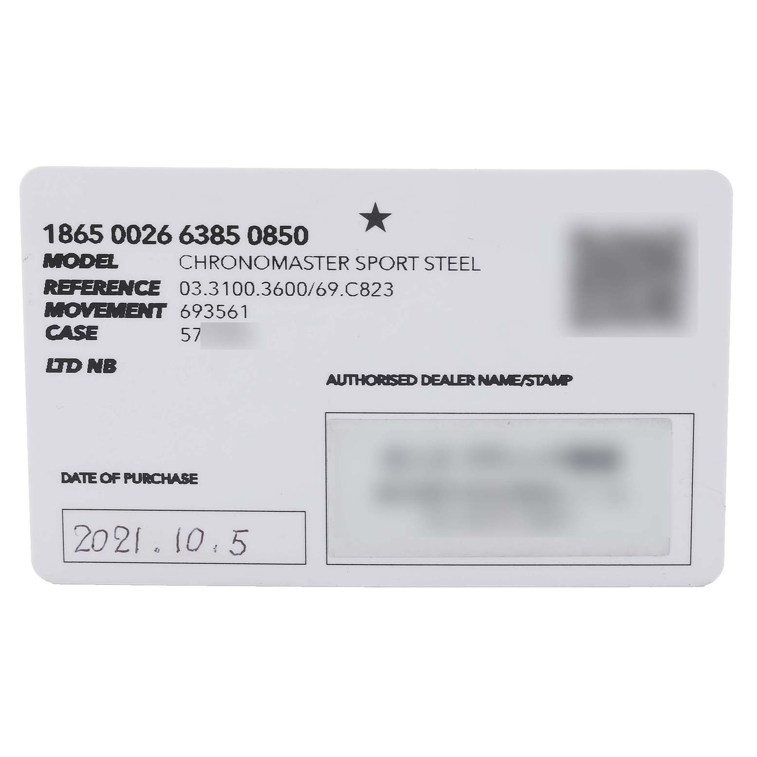 The image shows a warranty card for the Zenith Chronomaster 03.3100.3600 Men's Stainless Steel White Dial 03.3100.3600 Men's Stainless Steel White Dial Sport Steel watch, featuring model, reference, movement, and case details.