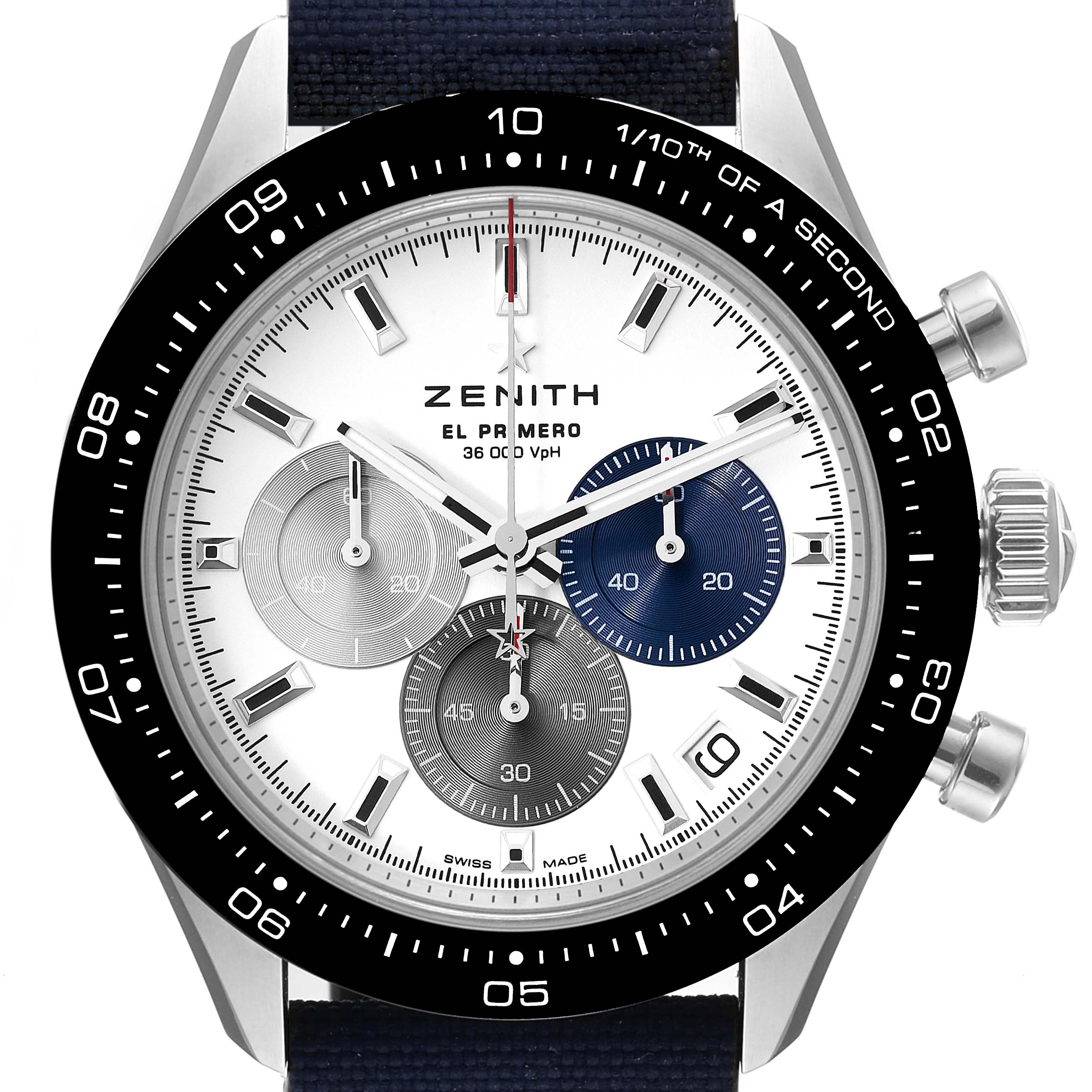 The image shows a front view of the Zenith Chronomaster 03.3100.3600 Men's Stainless Steel White Dial 03.3100.3600 Men's Stainless Steel White Dial watch, highlighting its dials, hands, bezel, crown, and strap.