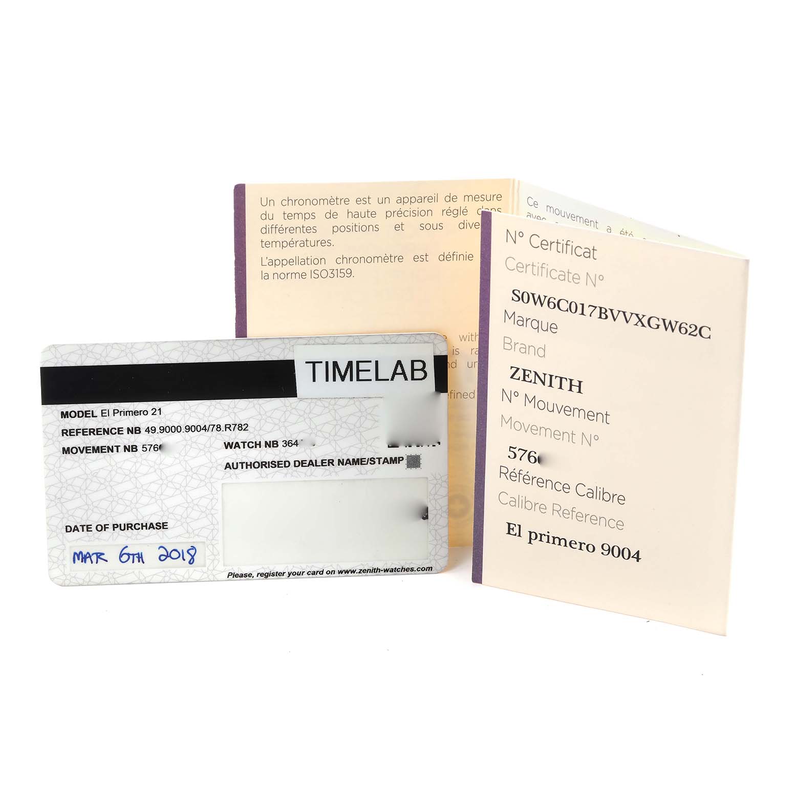 The image shows the warranty and certification cards for the Zenith El Primero 49.9000.9004/78.R782 Men's Ceramic Black Dial 49.9000.9004/78.R782 Men's Ceramic Black Dial watch model, with details clearly visible.