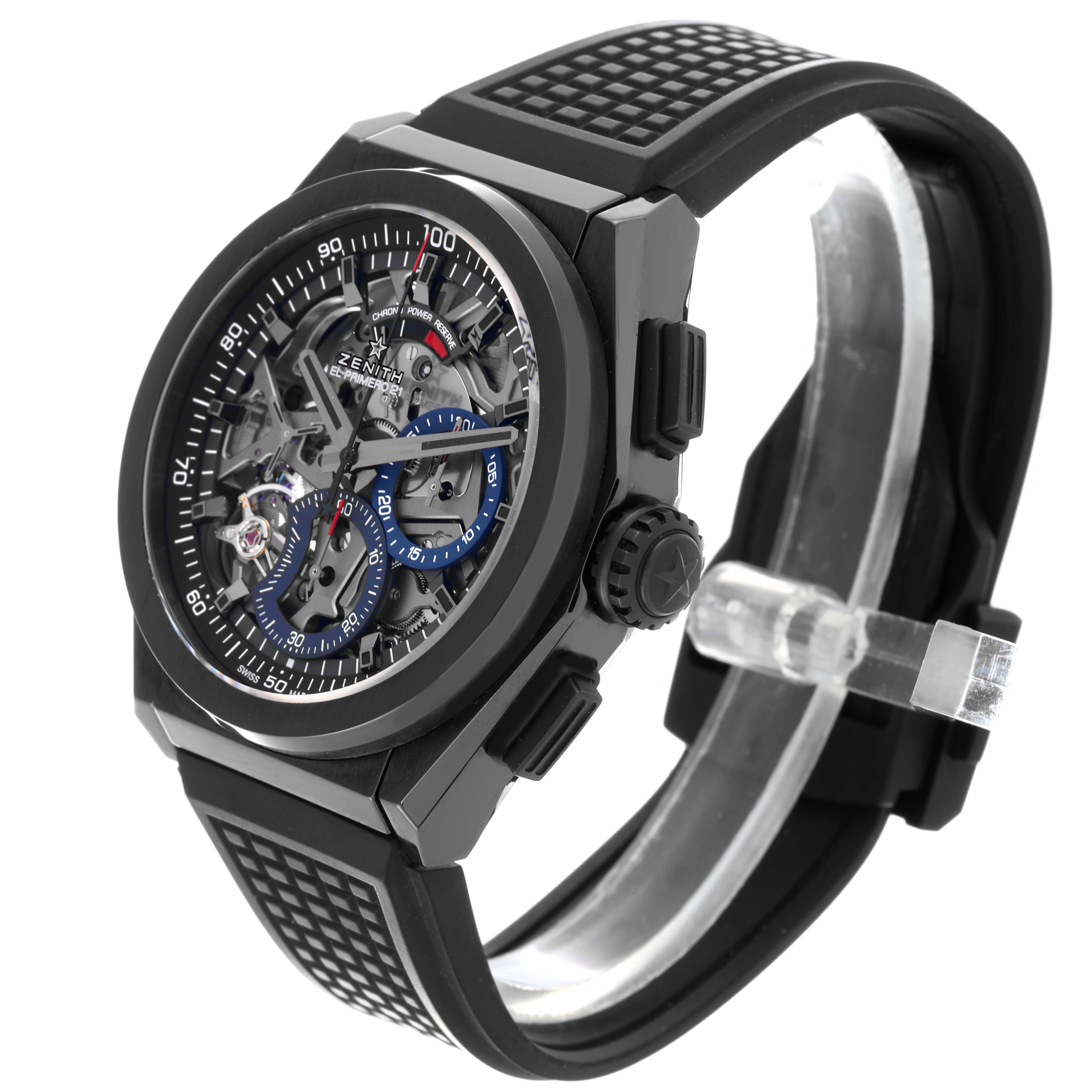The Zenith El Primero 49.9000.9004/78.R782 Men's Ceramic Black Dial 49.9000.9004/78.R782 Men's Ceramic Black Dial watch is shown at a three-quarter angle, highlighting the dial, side buttons, and textured strap.