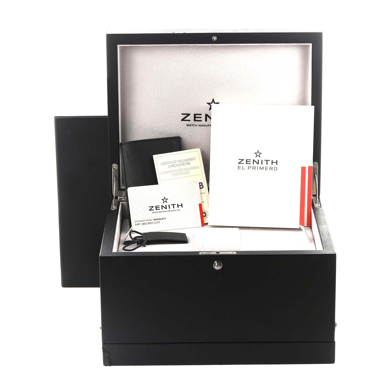 The image shows the Zenith El Primero 49.9000.9004/78.R782 Men's Ceramic Black Dial 49.9000.9004/78.R782 Men's Ceramic Black Dial watch box, booklets, and accessories including warranty cards.