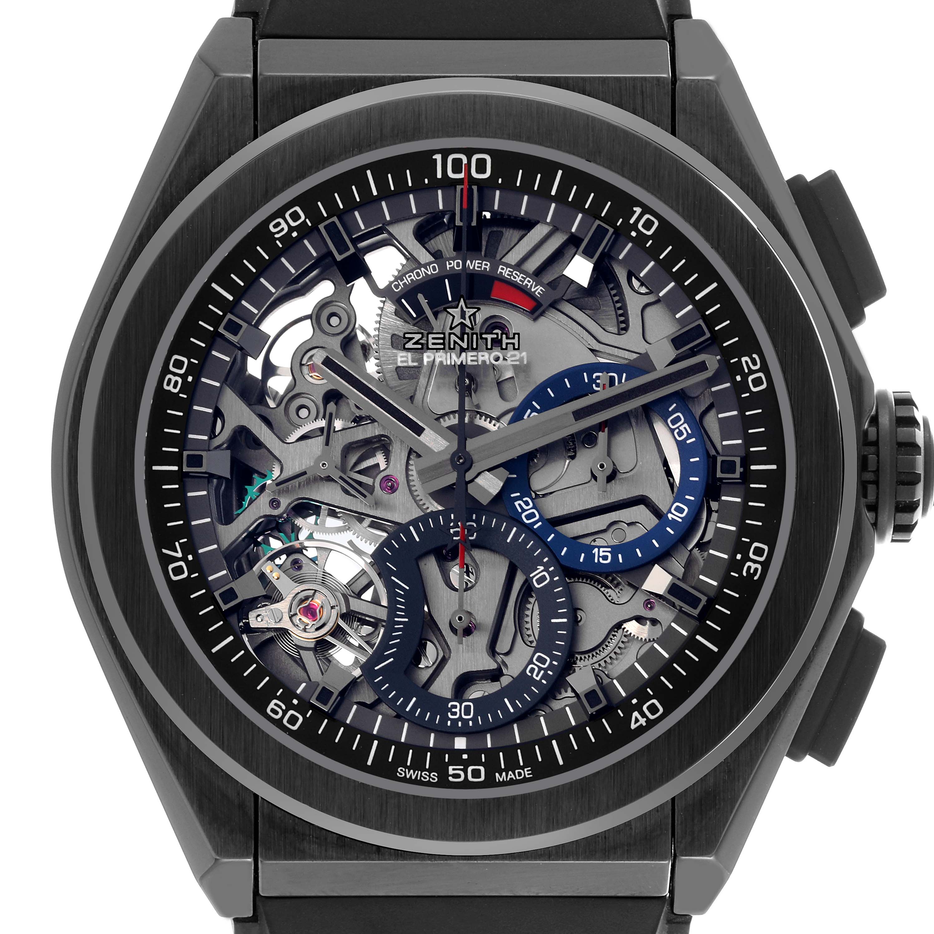 The Zenith El Primero 49.9000.9004/78.R782 Men's Ceramic Black Dial 49.9000.9004/78.R782 Men's Ceramic Black Dial model is shown from the front, highlighting its detailed skeleton dial and chronograph features.
