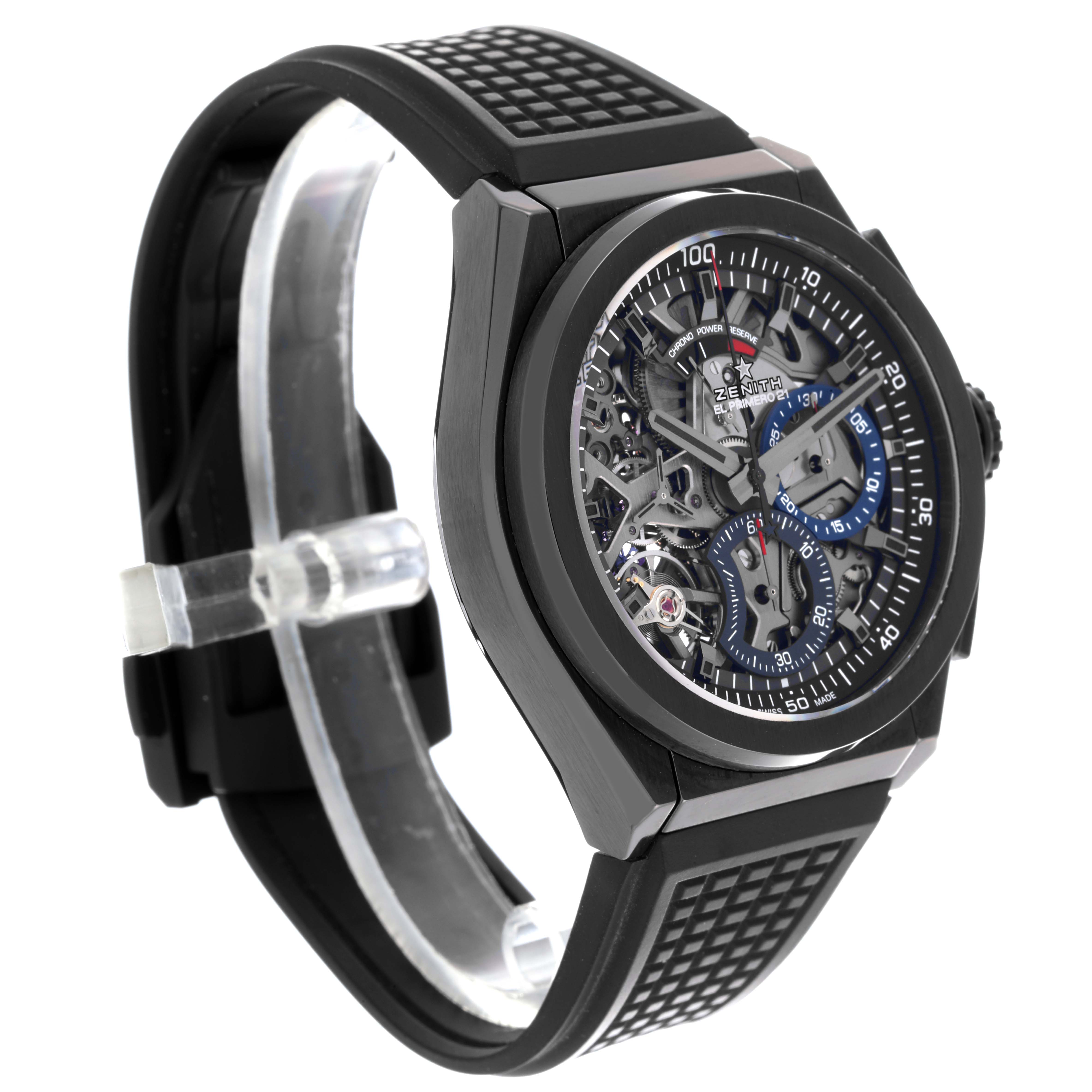 The Zenith El Primero 49.9000.9004/78.R782 Men's Ceramic Black Dial 49.9000.9004/78.R782 Men's Ceramic Black Dial watch is shown at a three-quarter angle, displaying its face, case, and partially openwork dial.